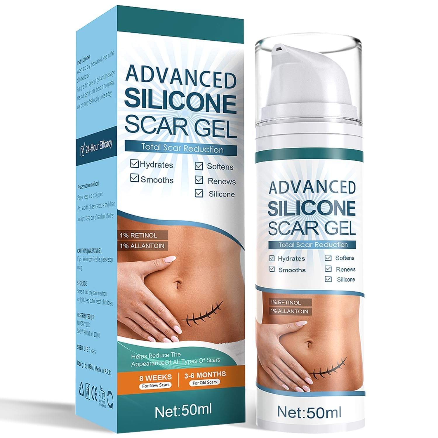 Advanced Scar Gel, Silicone Scar Gel, Treats Old and New Scars, Reduces the Appearance of Scars From, Body, Face, Stretch Marks, Surgical Scar, Keloids, Acne, Burns and More, 50G (1.7 Oz)