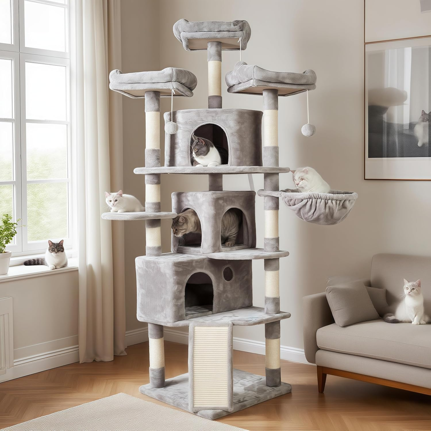 XL Size Cat Tree, 73.4 Inch Cat Tower with 3 Caves, 3 Cozy Perches, Scratching Posts- Light Gray MPJ032W