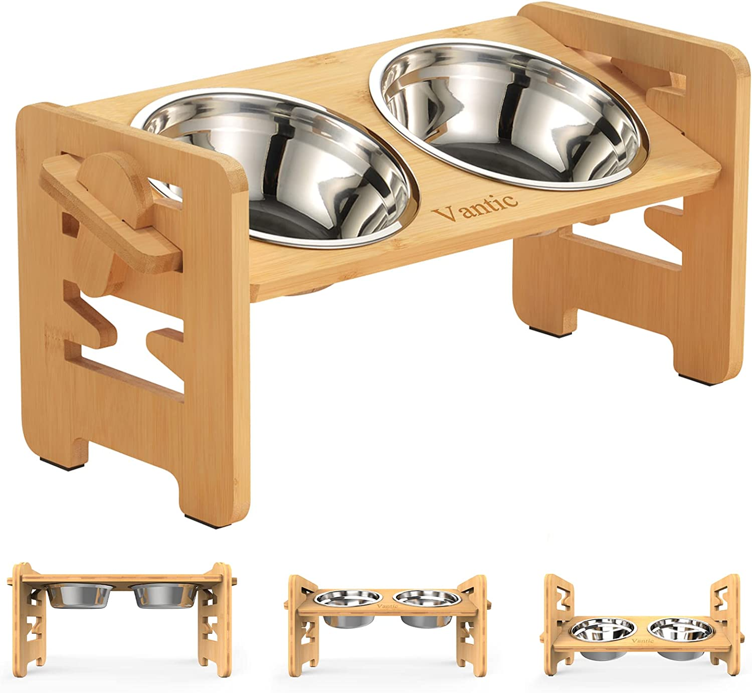 Elevated Dog Bowls, Adjustable Raised Dog Bowl Stand for Small Puppy and Cats, Sturdy Bamboo Pet Food Feeder with 2 Stainless Steel Dishes, Natural