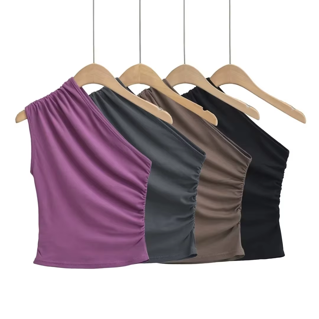 Pleated One-Shoulder Sexy Vest Top New Sexy Off-The-Shoulder T-Shirt