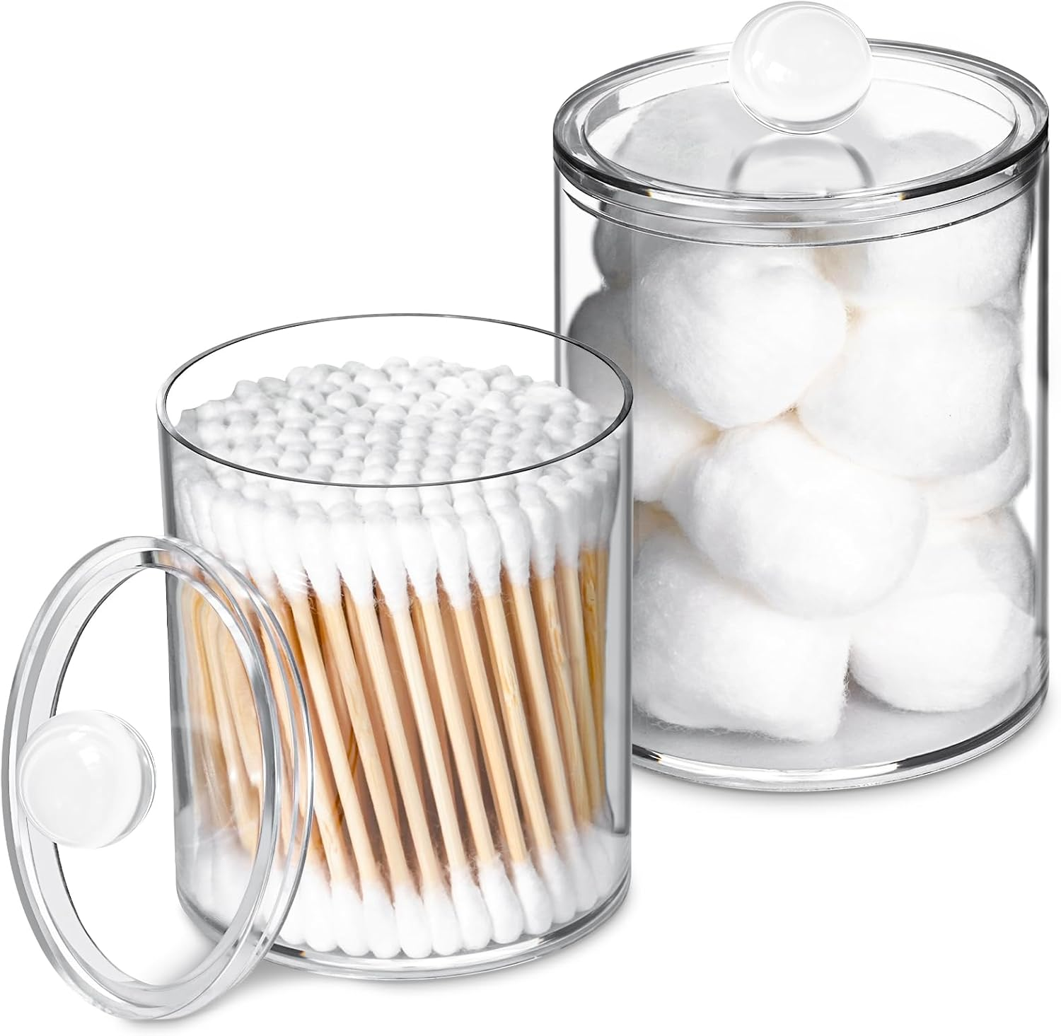 2 Pack Qtip Holder,Canister Apothecary Jar Set, Bathroom Jars with Lids Set for Cotton Swabs, Balls, Pads, Floss Picks,10Oz-12Oz Plastic Canisters Restroom Bedroom Vanity Organizer(Clear)