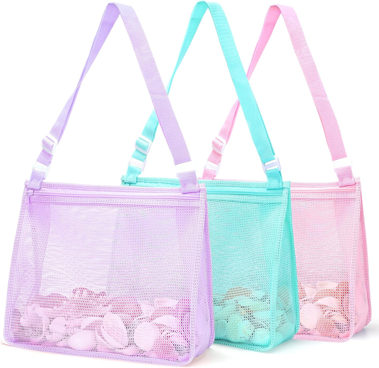 Beach Toy Large Mesh Beach Bag with Zipper Sand Toy Seashell Bag for Holding Shells Pool Bag Swimming Accessories for Kids Teens(Only Bags,A Set of 3)