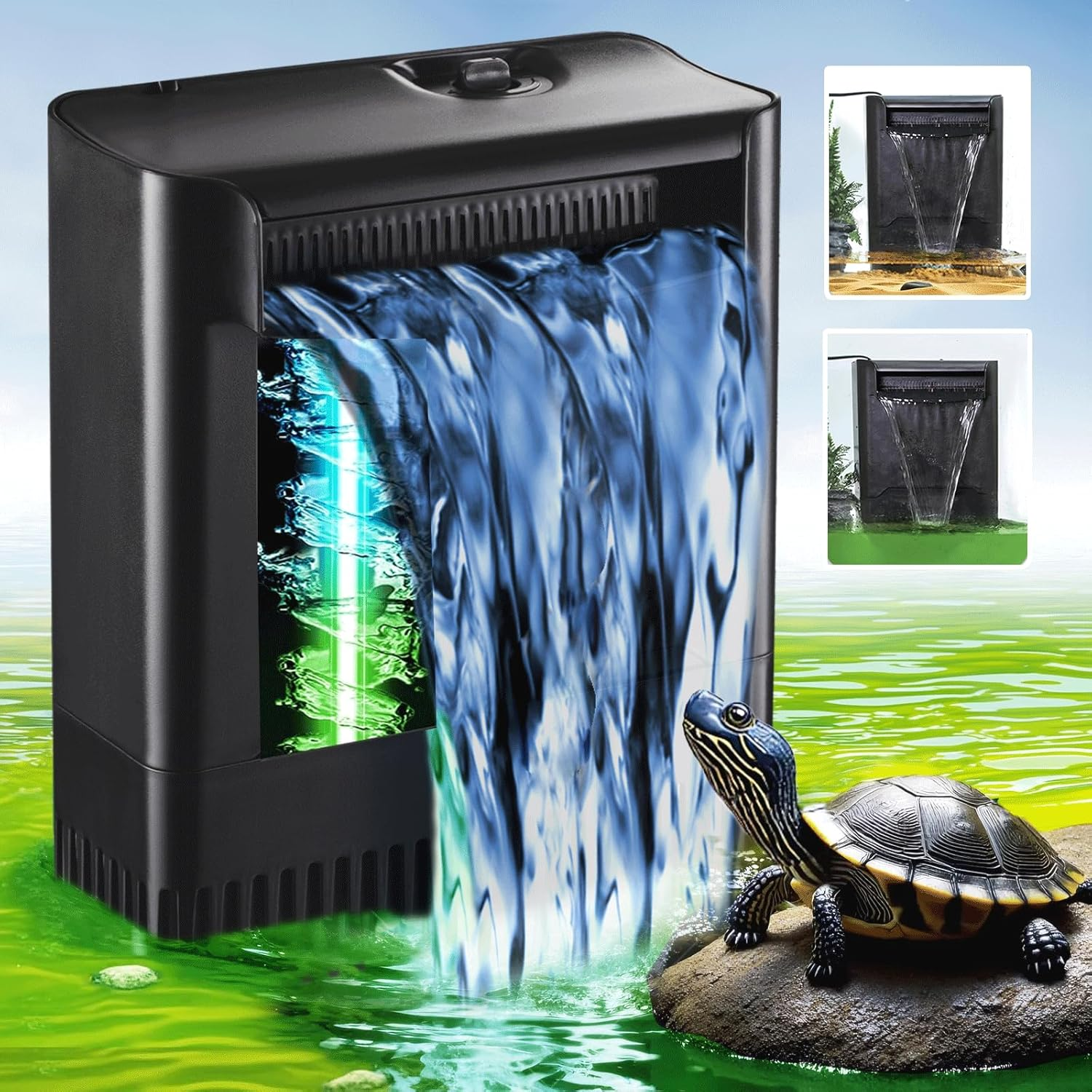 Large Powerful Turtle Tank Filter U V-Ery for 55-155 Gallon Tank, Low Water Filter Turtle Water Filter for Amphibians Fresh Saltwater Cloudy Green Water Crystal Clear with Turtle Tank Deodorization