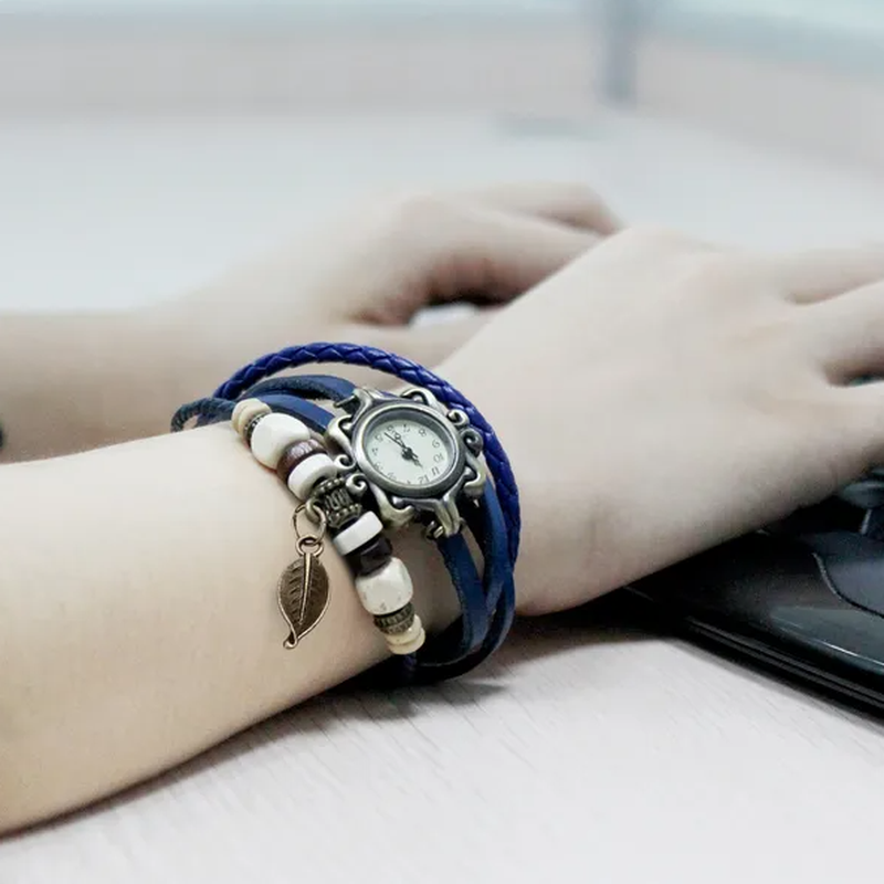 Bohemian Women's Leather Watch Retro Handmade Tree Leaf Blue Quartz Wristwatch