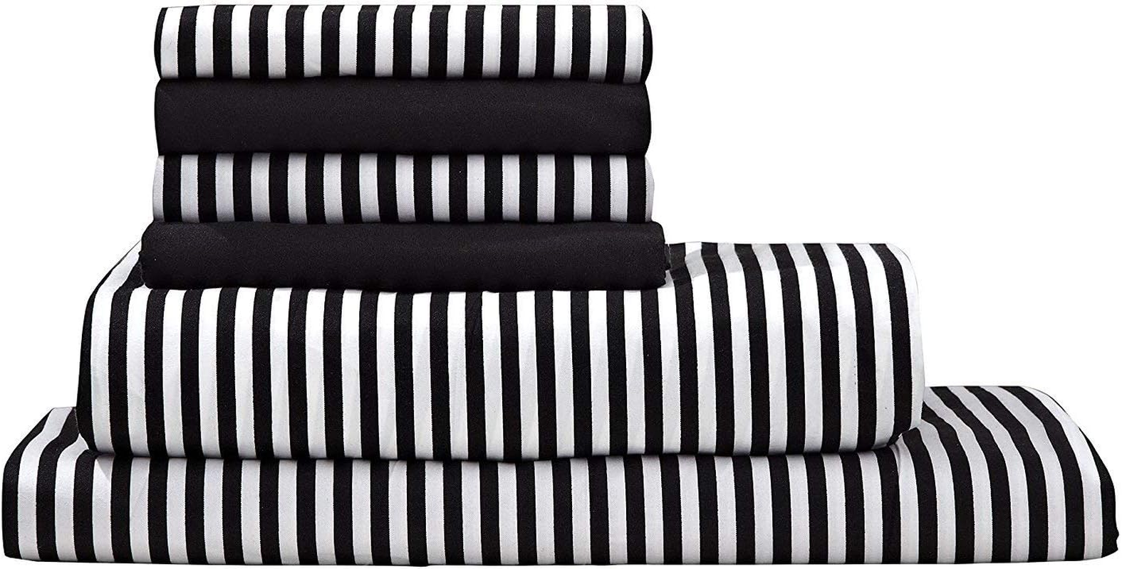 Striped 6-Piece Full Sheet Set - Deep Pocket Luxury Hotel Quality Bedding, Stain & Wrinkle Resistant, Breathable Cooling Bed Sheets with 2 Extra Pillow Cases - Black & White