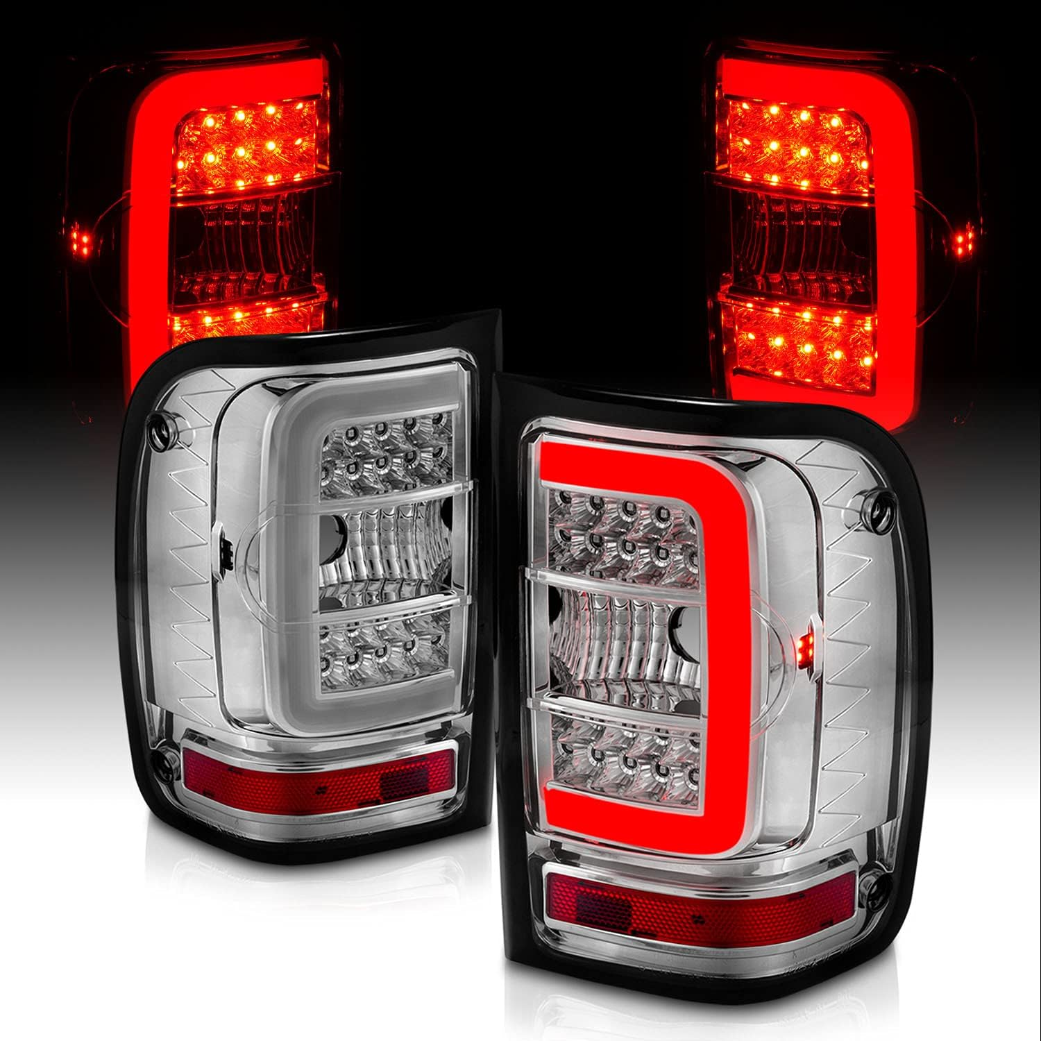 for 2001-2011 Ford Ranger C-Type LED Tube Crystal Chrome Replacement Brake Tail Lights - Passenger and Driver Side