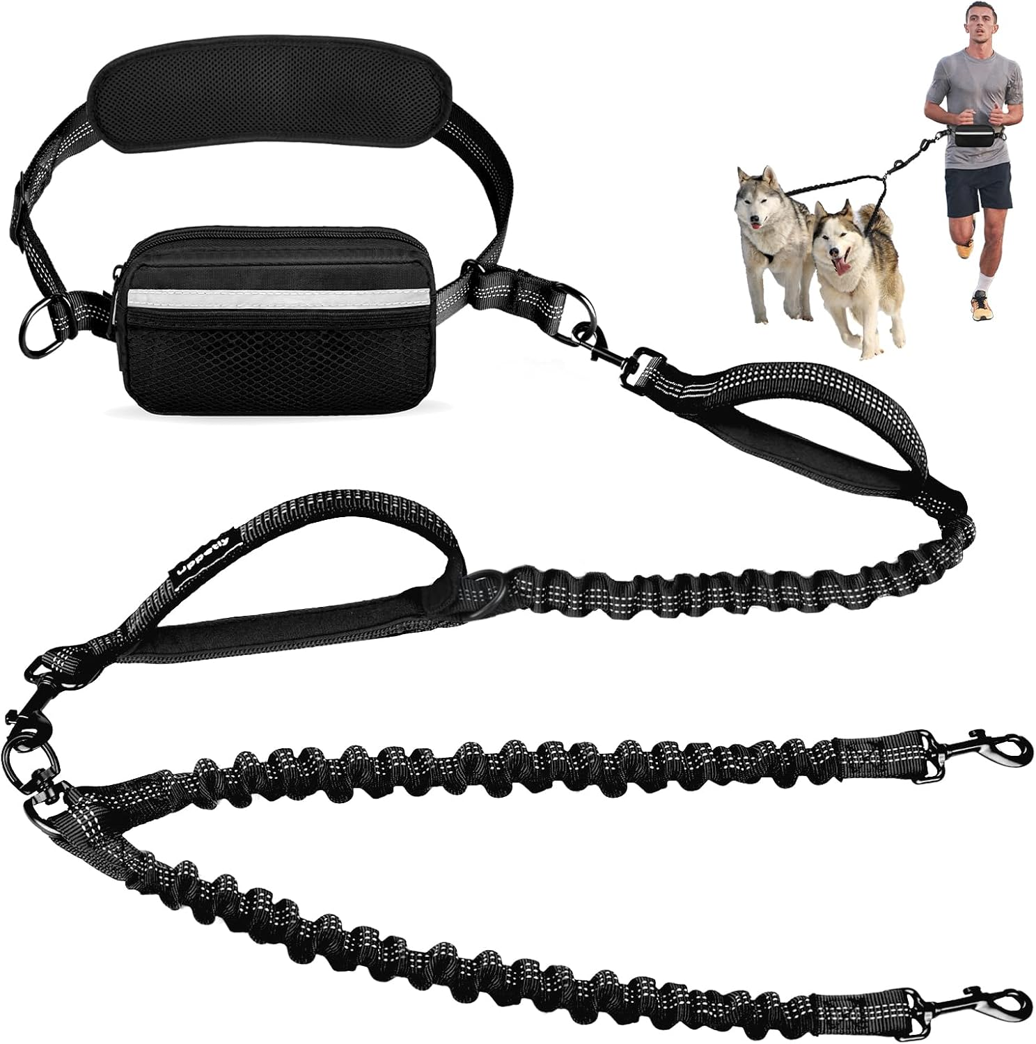 Hands Free Double Dog Leash with Pouch, Dual Leash for 2 Dogs with Reflective Padded Handles, Durable Bungee and Lumbar Waist Belt for Walking, Jogging and Running (Medium/Large, 25-120 Lbs)