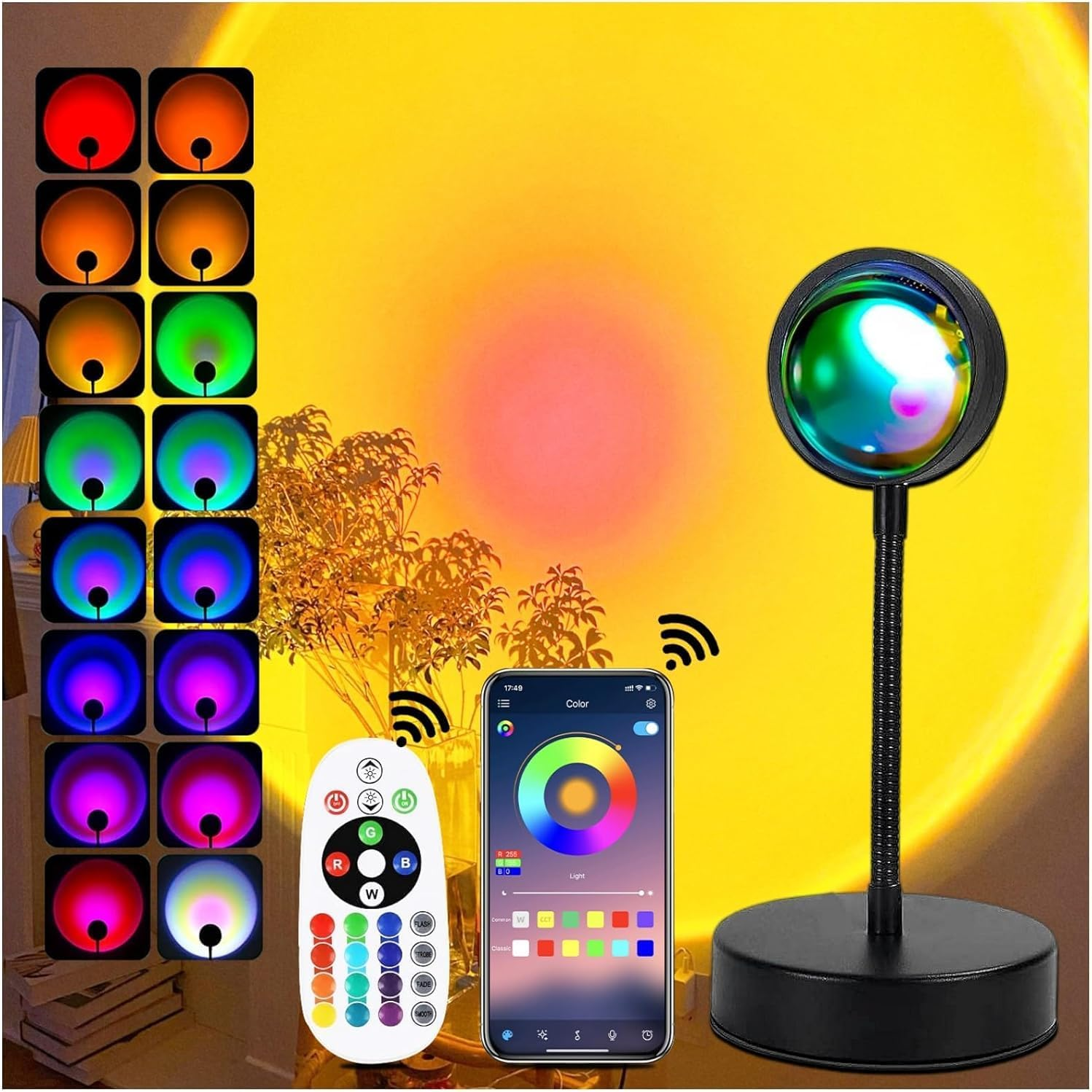 Sunset Lamp Projector Led Lights with APP Remote, 16 Colors Night Light 360° Rotation Rainbow Lights Sunset Light Projection Lamp for Aesthetic Room Decor and Bedroom Decor Gifts for Women