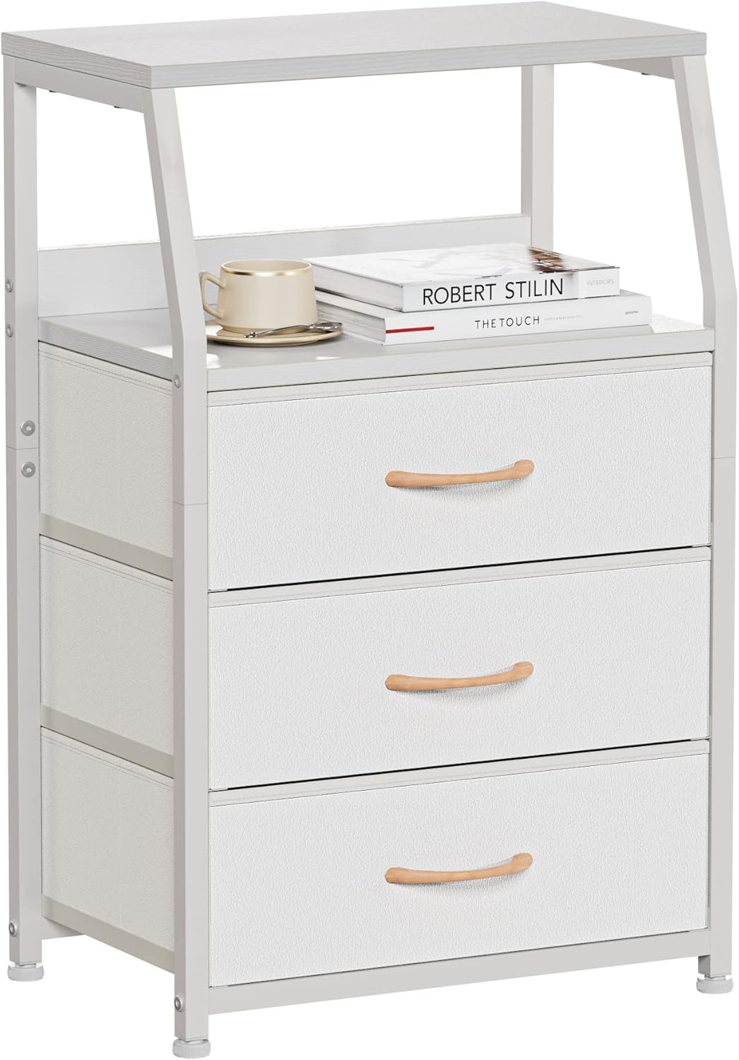 White Nightstand with 3 Drawers and 2-Tier Shelf, Small Night Stand End Table Side Furniture, Fabric Storage Organizer for Bedroom, Closet, Hallway, Nursery, Sturdy Steel Frame, Wood Top