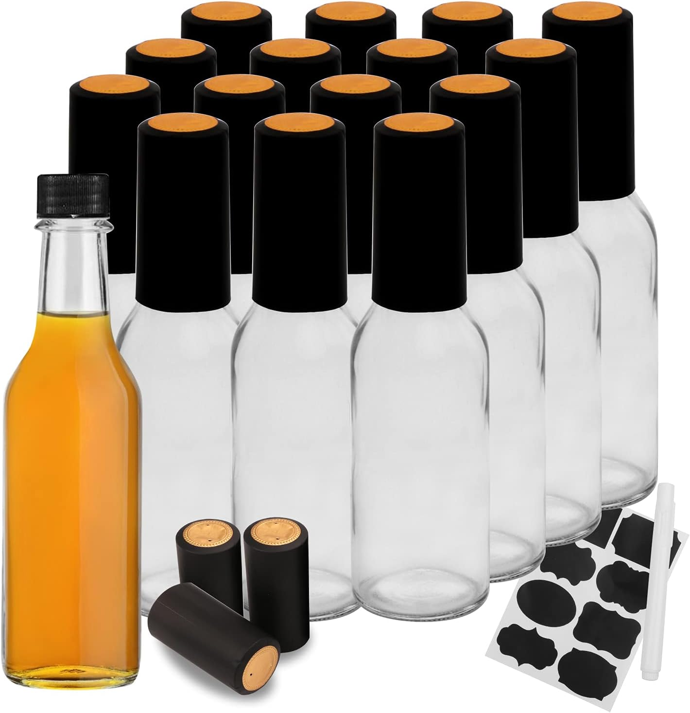 Hot Sauce Bottles with Black Caps, 16 Pack 5Oz Empty Glass Bottles,Woozy Bottle 5 Oz