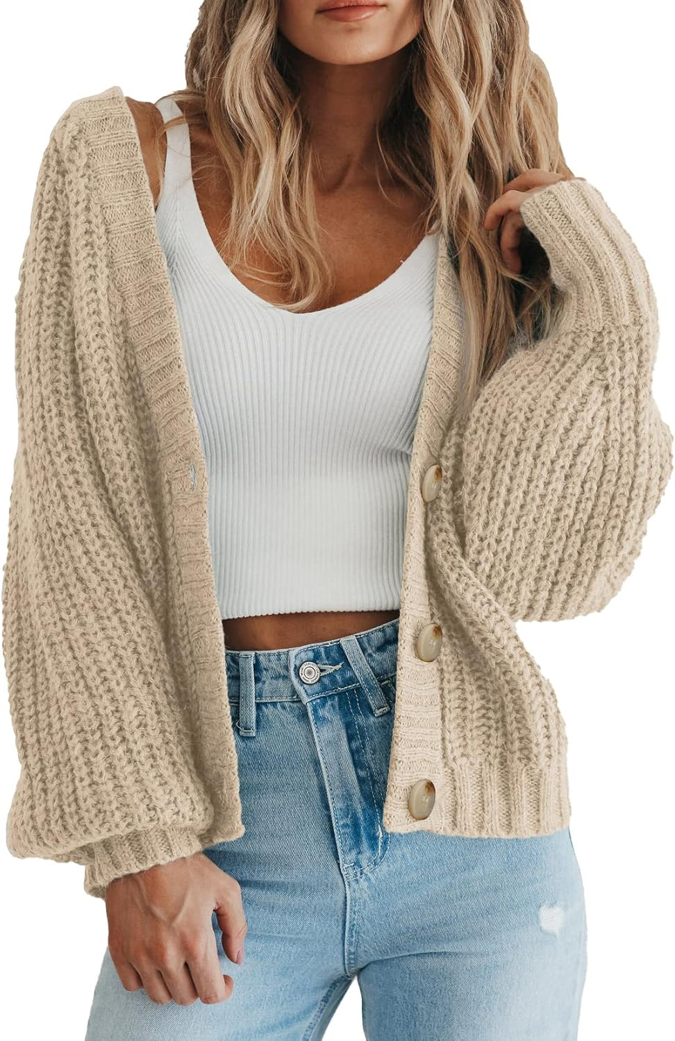 PRETTYGARDEN Women Chunky Knit Button Open Front Long Sleeve Cardigan