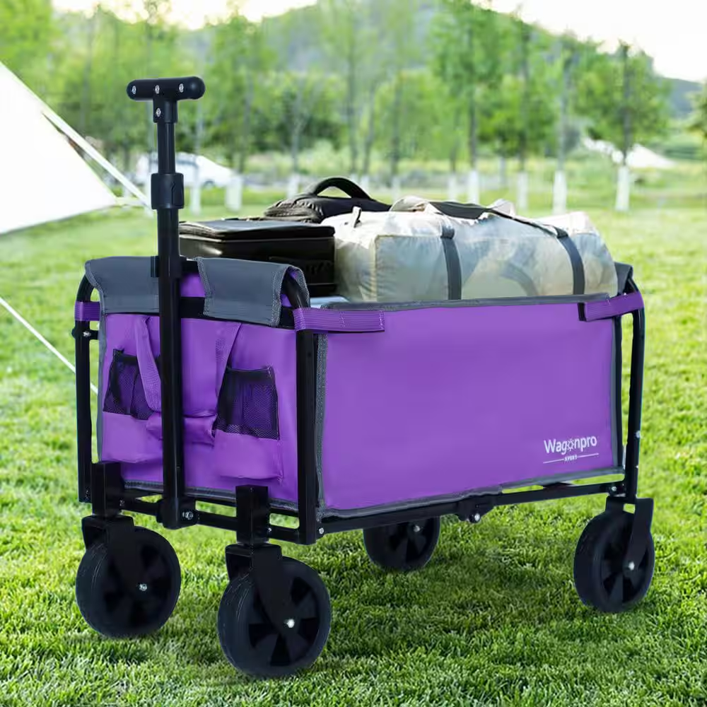 Purple/Gray 2 Cu. Ft. Fabric All-In-1 Convertible Folding Camping Garden Cart Heavy-Duty Wagon Cart with Dog Tether