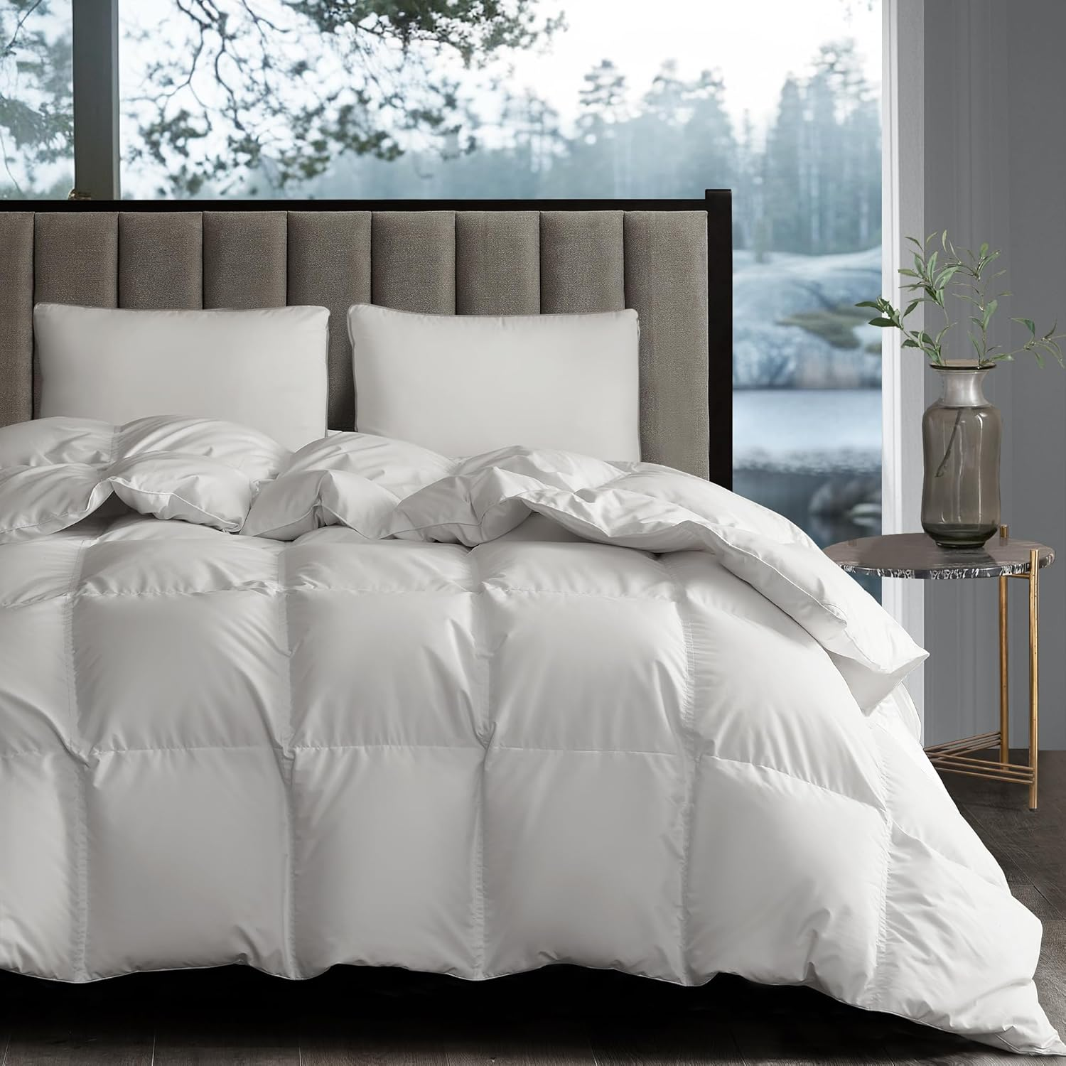 White Goose down Fiber Comforter Full Queen Size - All Season Fluffy Hotel Collection Duvet Insert Queen Medium Warmth Comforter with 1Cm Breathable Panel, 90