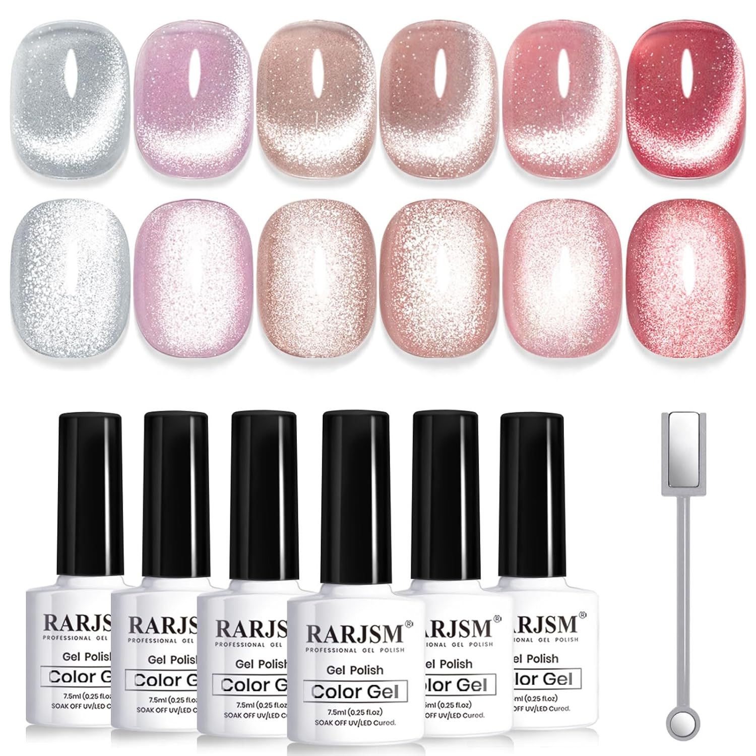 Cat Eye Gel Nail Polish Set 6 Pcs Magnetic Sparkle Diamond Glitter Nude Pink Light Purple Red Silver Sheer Pink Velvet Ice Jelly Gel Polish with Magnet Stick UV LED Curing Requires Soak Off