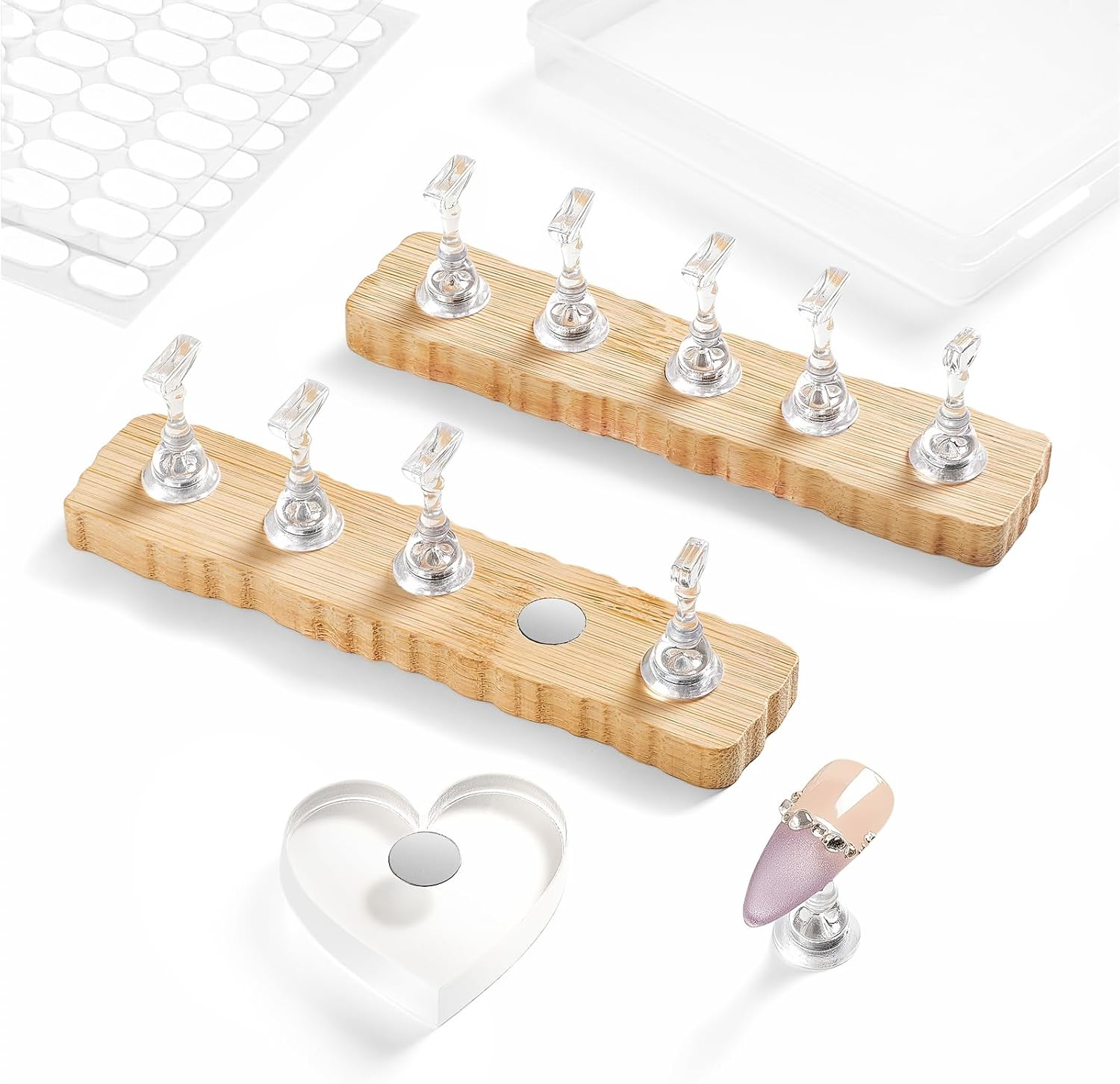 Nail Stand for Press On Nails Art Display Practice 2 Sets, 1 Heart Shaped Acrylic Magnetic Nail Stands, Fake Nail Holder Tips With 200 PCS Double-Sided Tape, Nail Kit Home DIY Salon Supplies