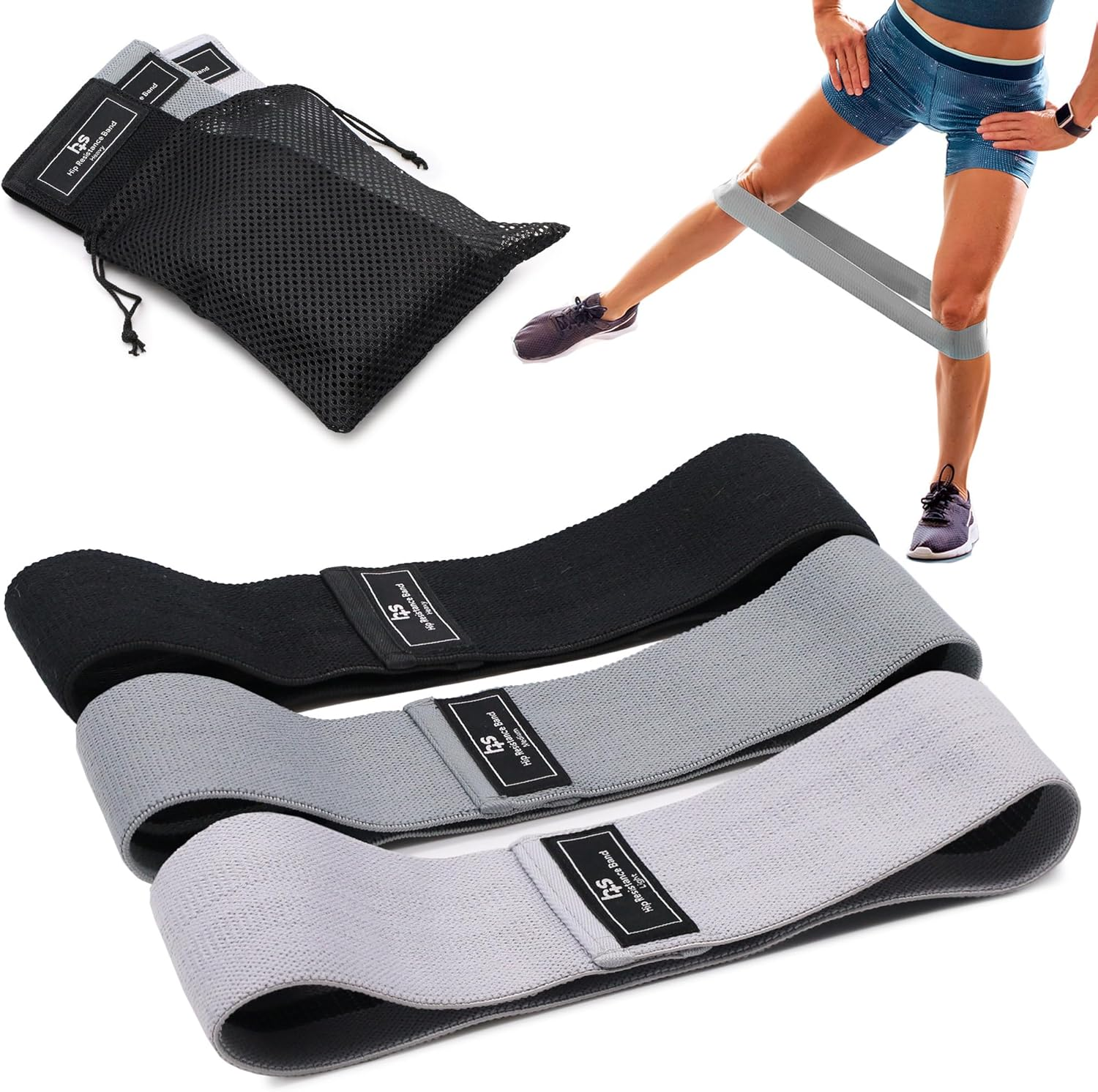 Healthsmart Fabric Resistance Bands, Targets Abs, Glutes, Quads, Calves, Hamstrings, 3 Bands with Variable Resistance Levels, Minimum 15Lbs and Maxes at 70Lbs, Travel Case & Exercises Included