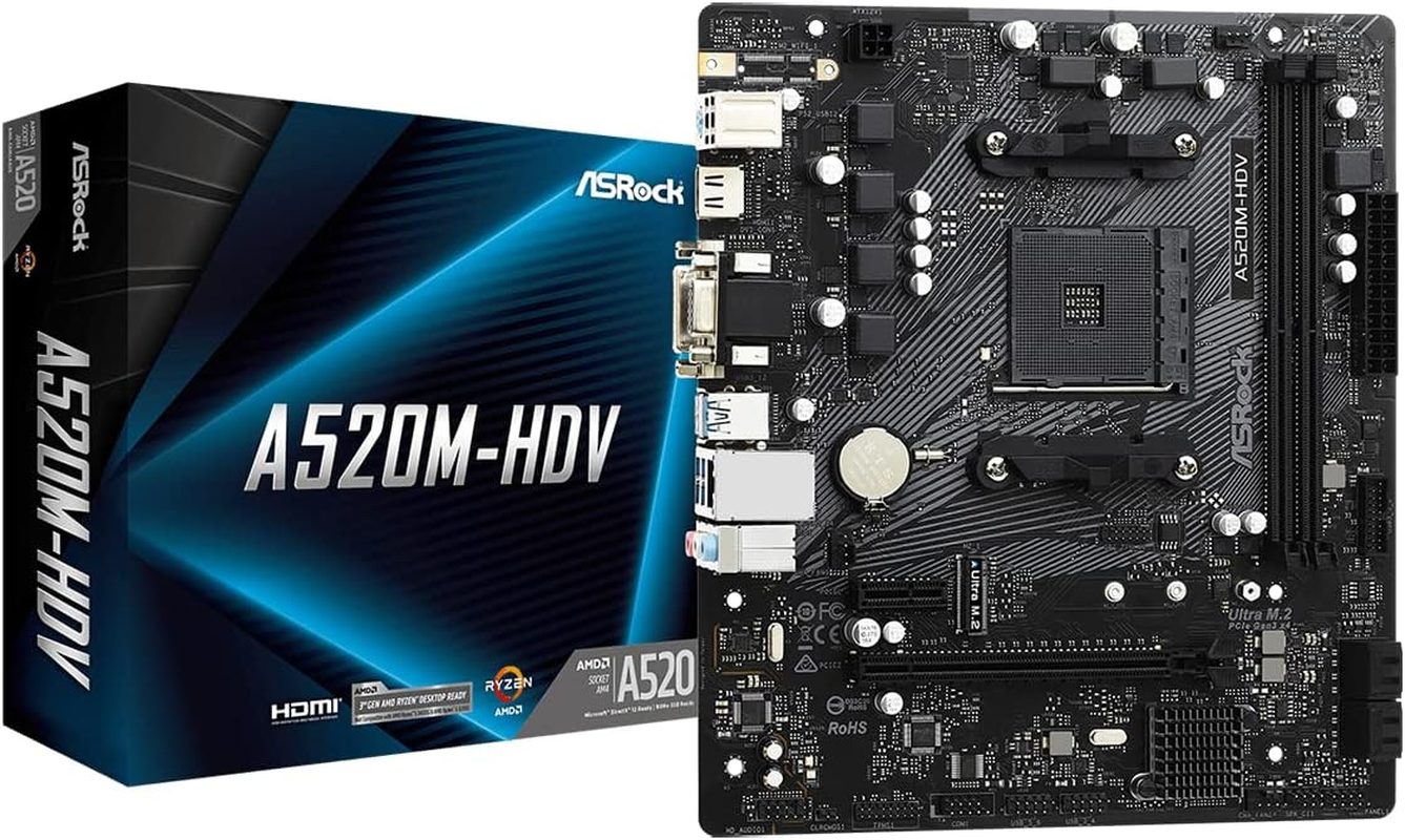 A520M-HDV Supports AMD AM4 Socket Ryzen™ 3000, 4000 G-Series and 5000 and 5000 G-Series Desktop Processors Motherboard, 32 GB Memory Storage
