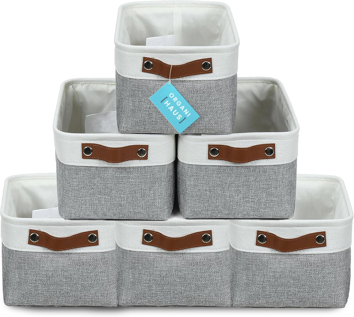 Small Fabric Storage Bins for Shelves 6 Pack, 12X8In Closet Storage Bins for Shelves, Cloth Baskets for Organizing, Linen Closet Organizers, Fabric Basket, Gray/White