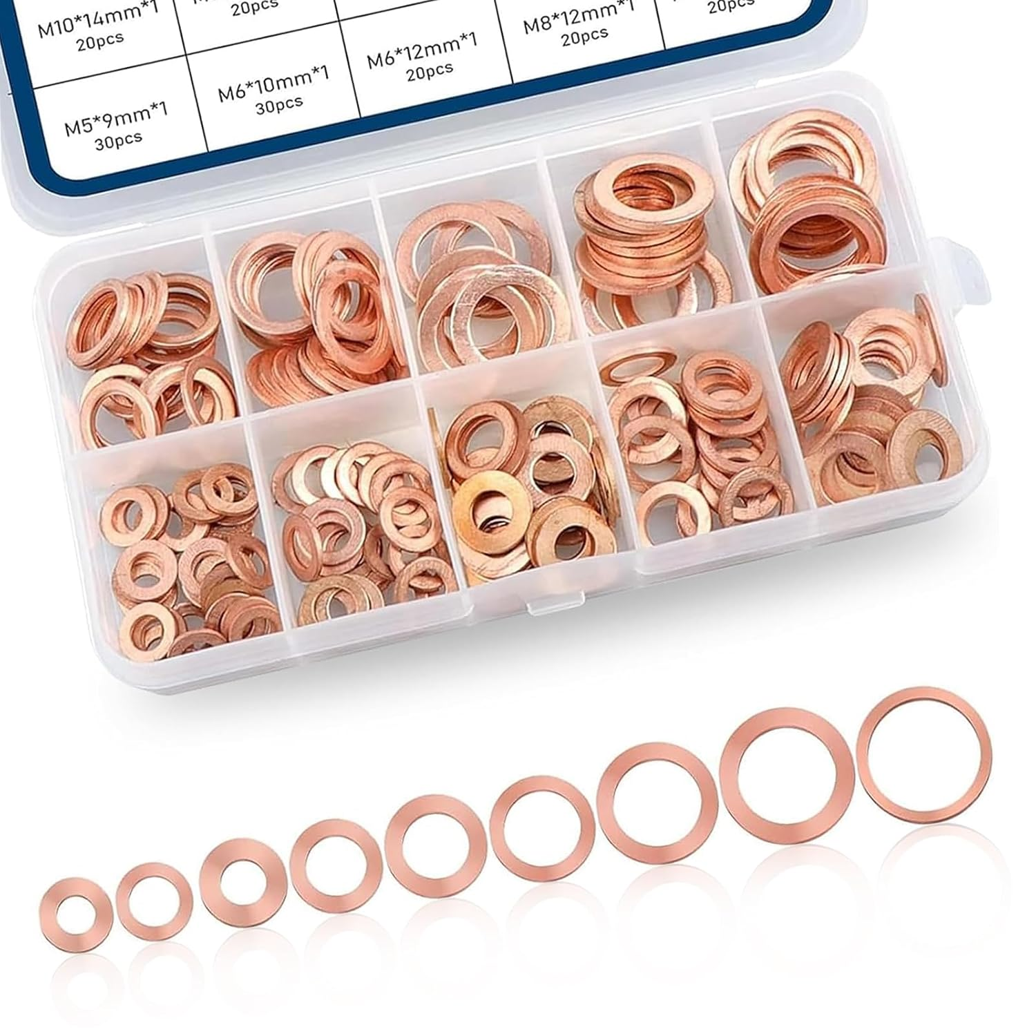 200 PCS Car Copper Washers Assortment Kit, Metric Copper Crush Washer, 9 Sizes Flat Sealing Washer Assortment Kit, Universal Copper Oil Pan Plug Sealing Gaskets for Cars (Gold)