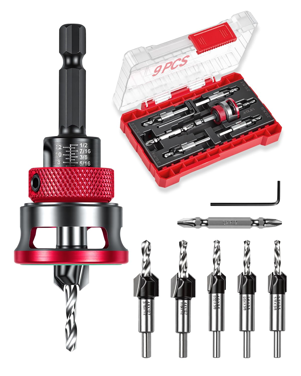 9PCS Countersink Drill Bit Set Adjustable Depth Stop Collar for Woodworking