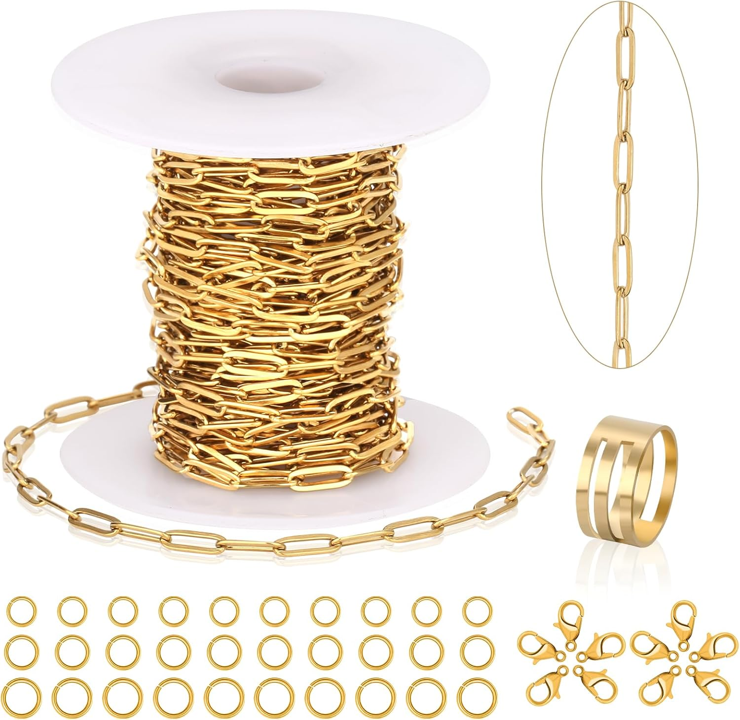 23 Ft Gold Chain for Jewelry Making, 18K Gold Plated Stainless Steel Oval Paperclip Chain Roll with 10 Lobster Clasps 30 Jump Rings 1 Opening Closing Tool for DIY Charm Necklaces Bracelets Women Men