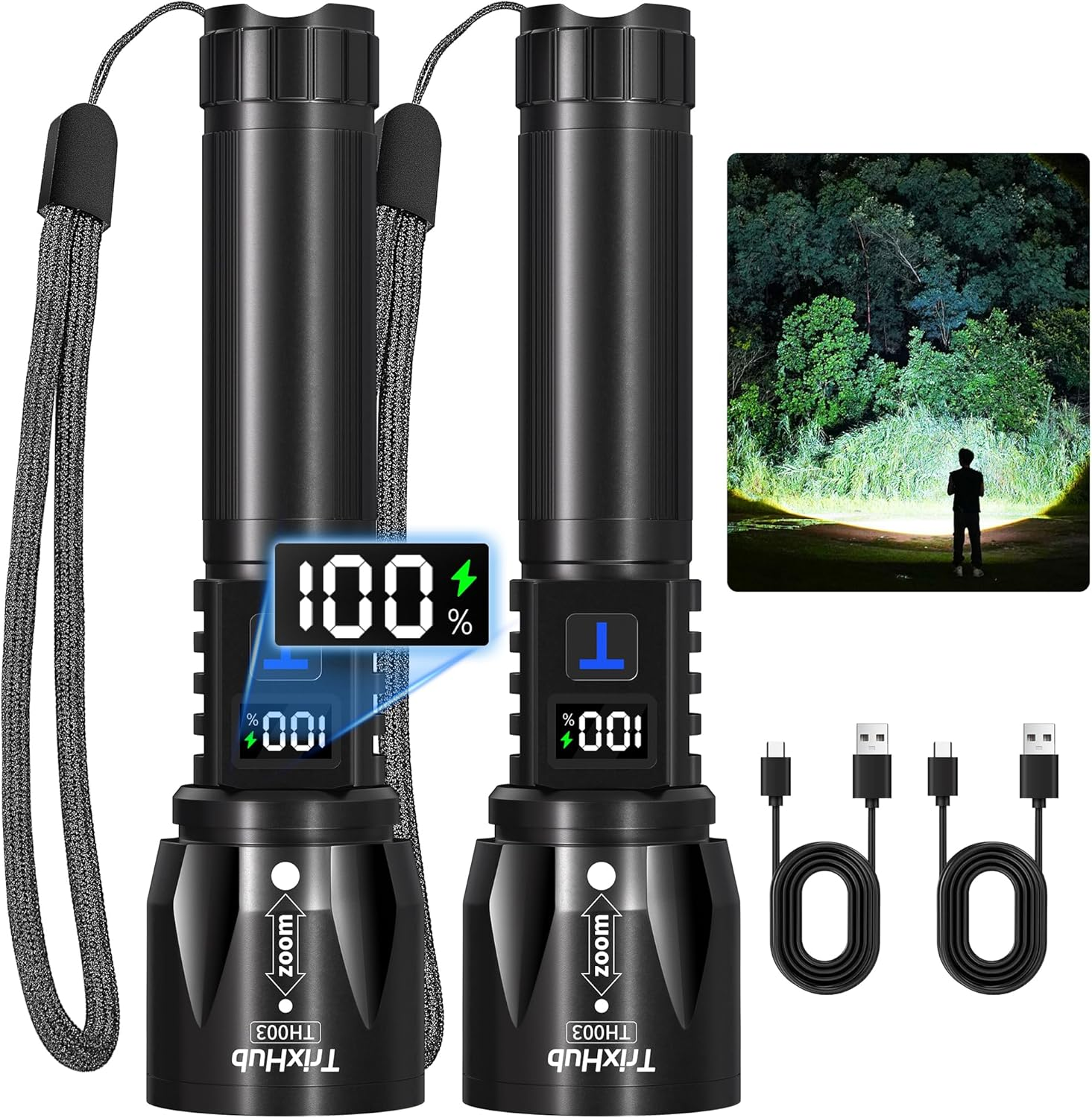 Trixhub Rechargeable LED Flashlights High Lumens 2Pack, Super Bright Zoomable Handheld Flash Light with LCD Digital Display, Powerful Emergency Linternas, Waterproof, Long Lasting, for Hiking Camping