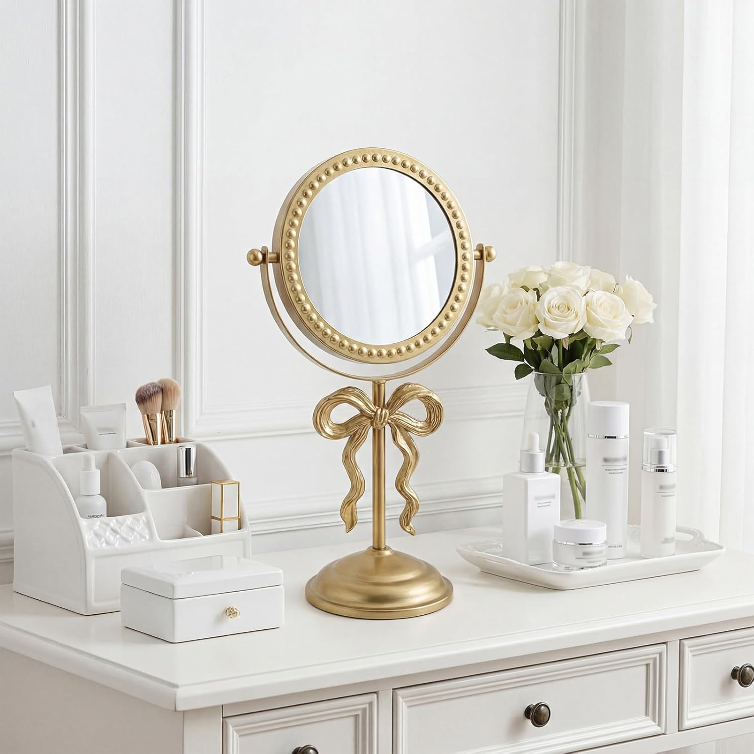 Golden Bow Vanity Makeup Mirror Tabletop One-Sided Mirror Vintage 7-Inch Aesthetic Mirrors with Stable Base Swivel Design for Bedroom Dresser, Bathroom, Living Room & Dorm