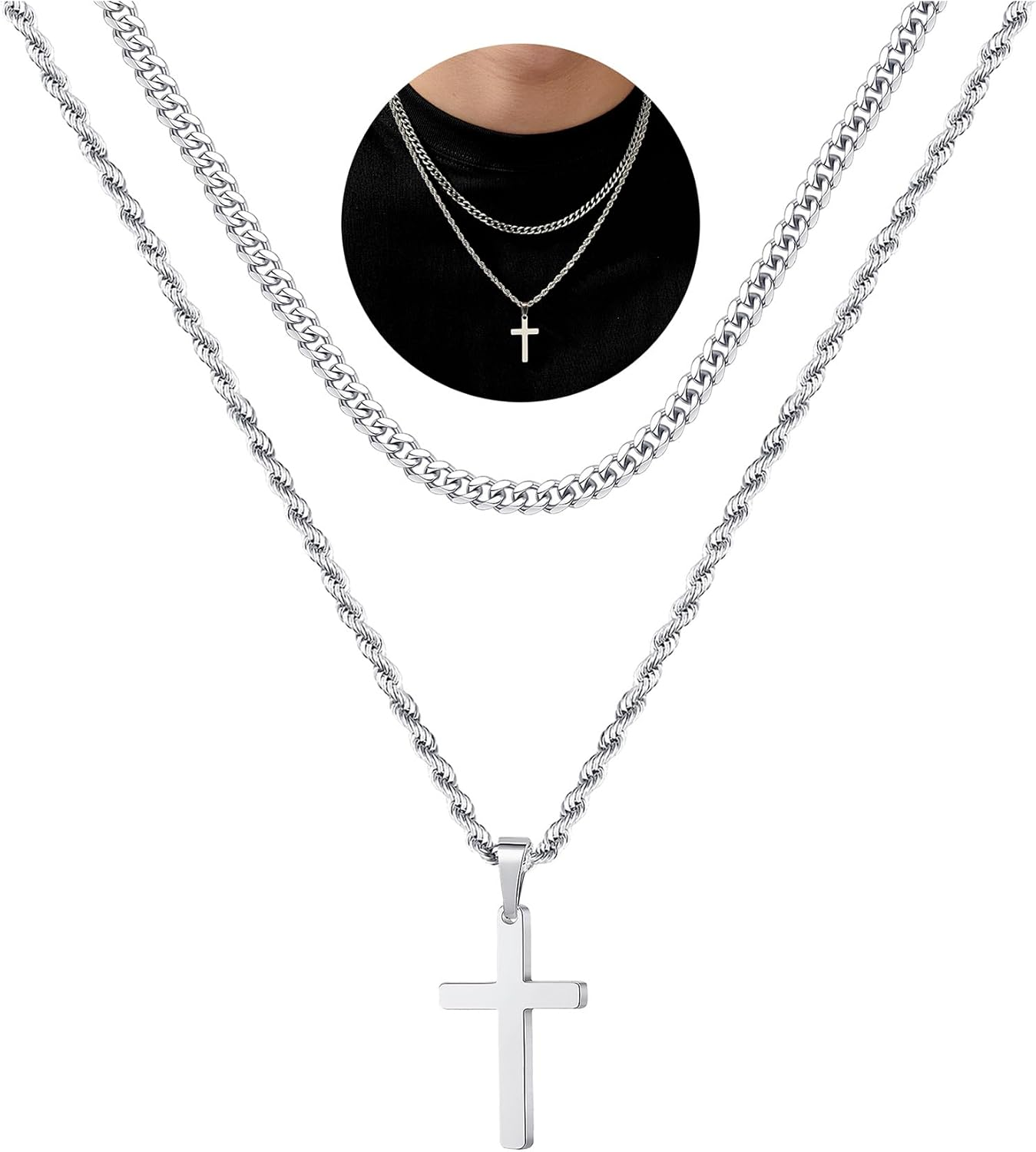 Easter Basket Stuffers - Cross Necklace for Men, Gold Black Silver Mens Cross Necklaces Stainless Steel Cross Pendant Necklace Simple Jewelry Gifts Cross Chain Necklaces for Men