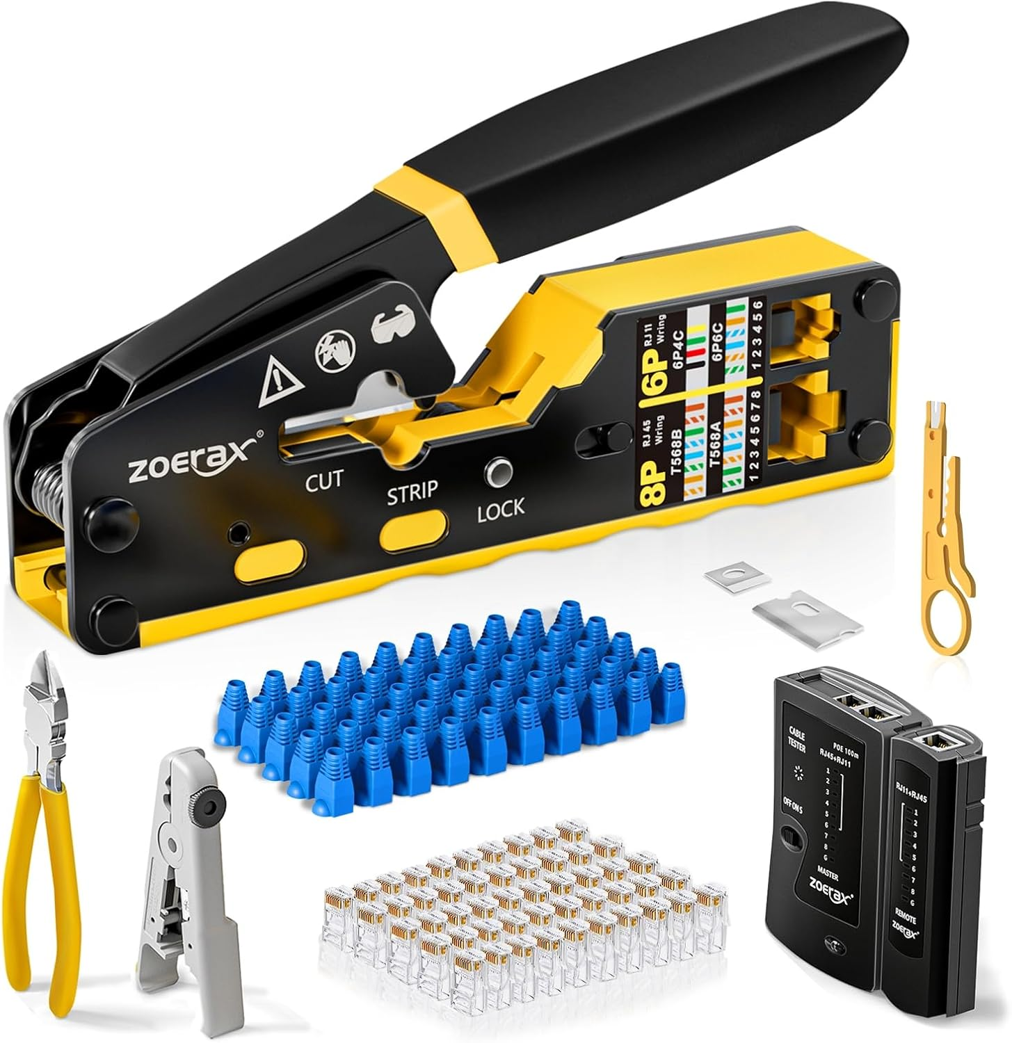 Ethernet Crimping Tool Kit RJ45 Crimp Tools,Cat5 Cat5E Cat6 RJ45 Crimping Tool Kit with Cable Tester, Multiply Stripper, Blades,50Pcs Cat 6 Pass through Connectors and Strain Relief Boots