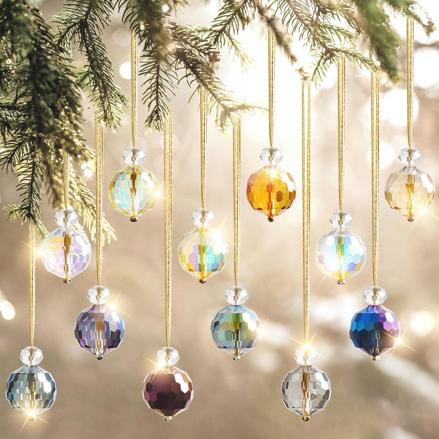 12 Pcs Multicolored Crystal Christmas Ball Ornaments, 0.87 Inch Iridescent Glass Christmas Ornaments Vintage Prism Ball Xmas Tree Decorations Wedding Party Home Christmas Decor (Style 1)