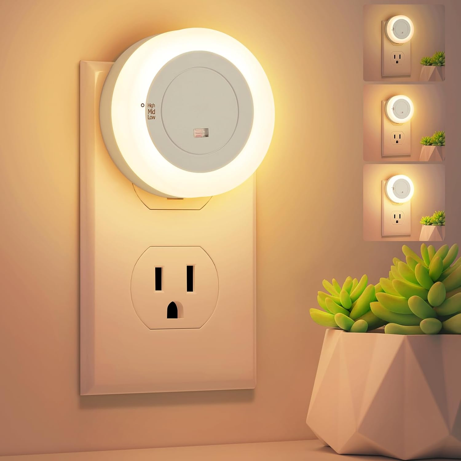 LED Night Lights Plug In, 2-Pack Dimmable Nightlight Plug into Wall with Light Sensor, Soft White Adjustable for Adults, Bedroom, Bathroom, Livingroom