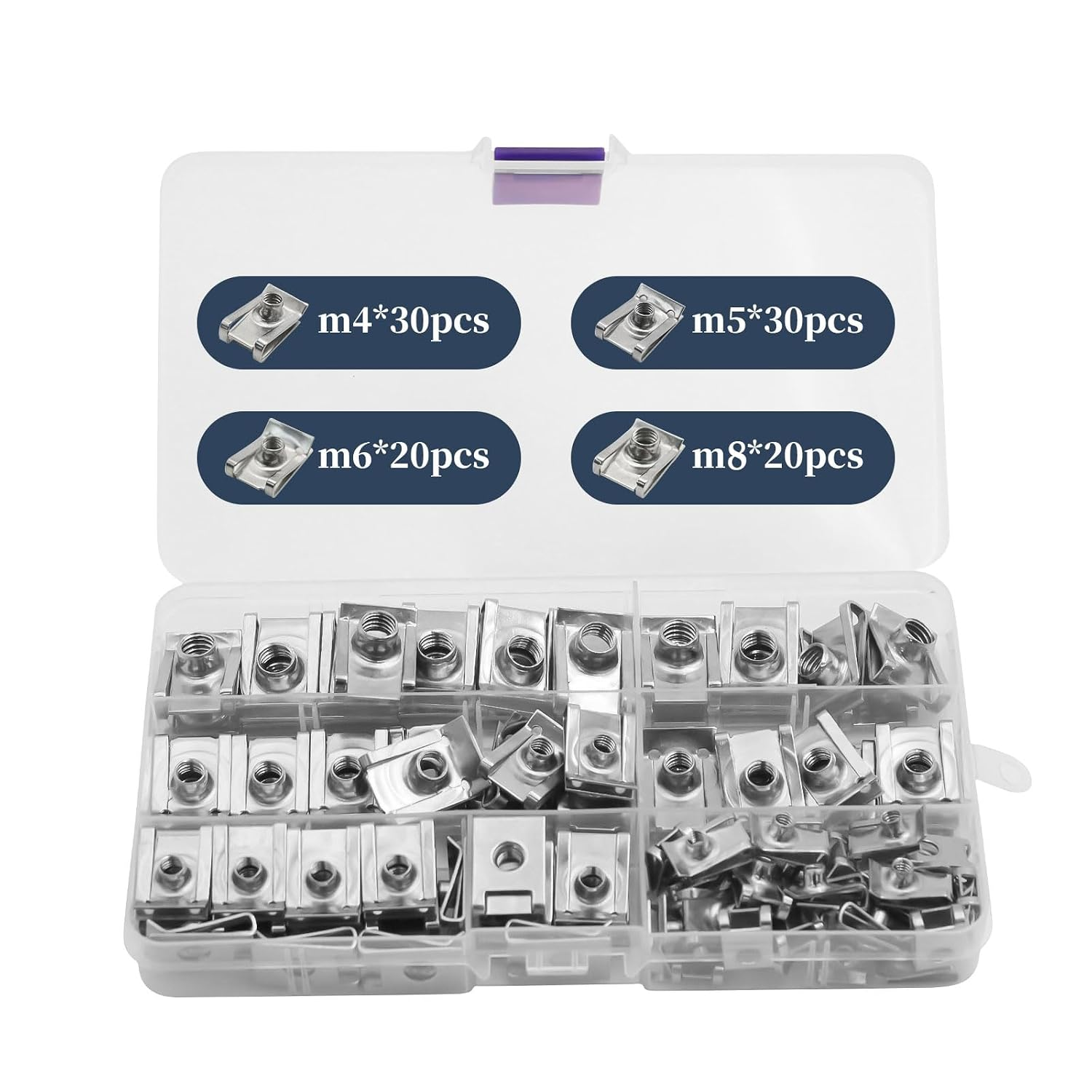 100 Stück Blechmuttern Set M4 M5 M6 M8 Edelstahl U-Clip Schnappmuttern Box