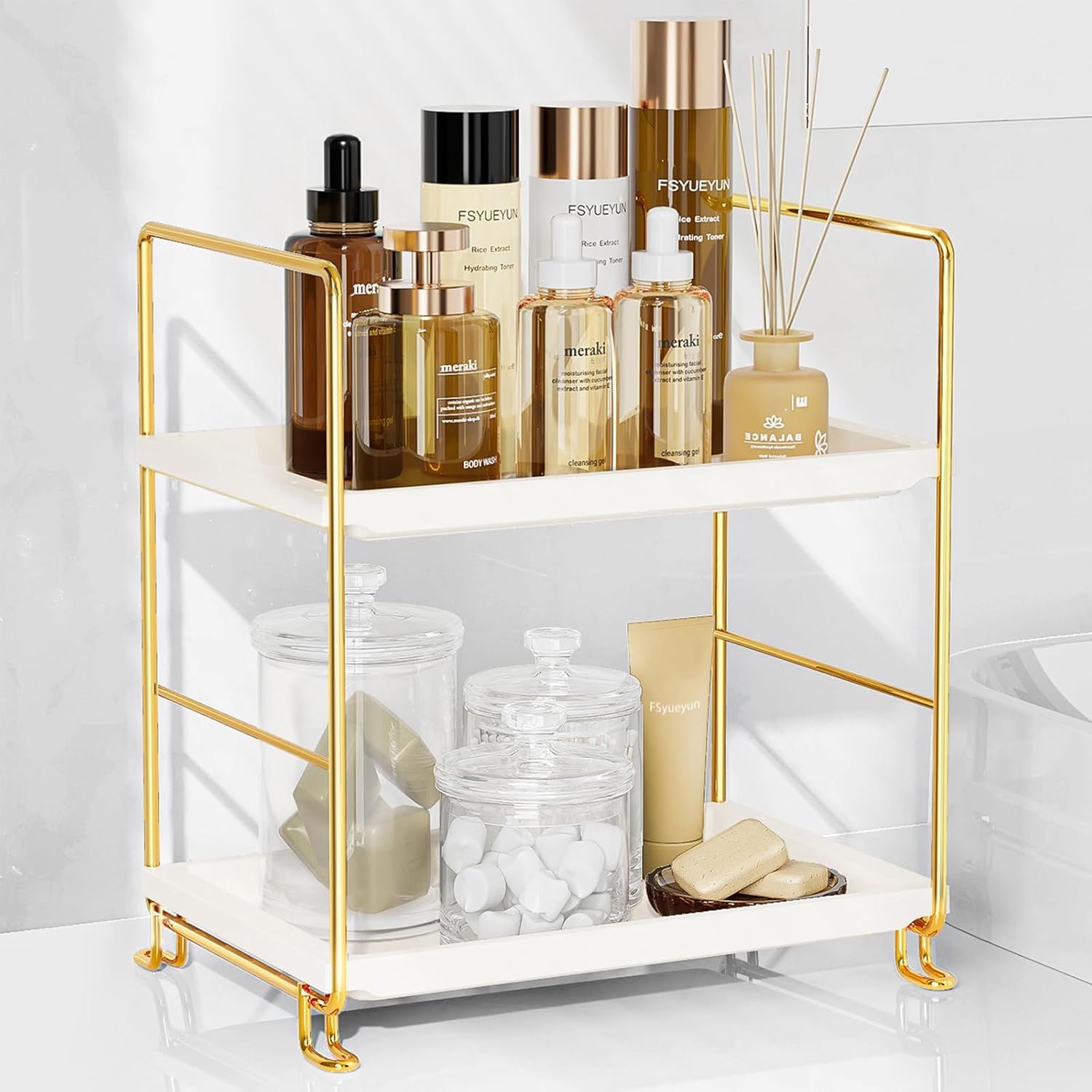 2-Tier Bathroom Countertop Organizer, Tool-Less Installation Premium Plastics Makeup Shelf Organizer Perfume Skincare for Dresser Vanity Tray Organizers and Storage (Gold)
