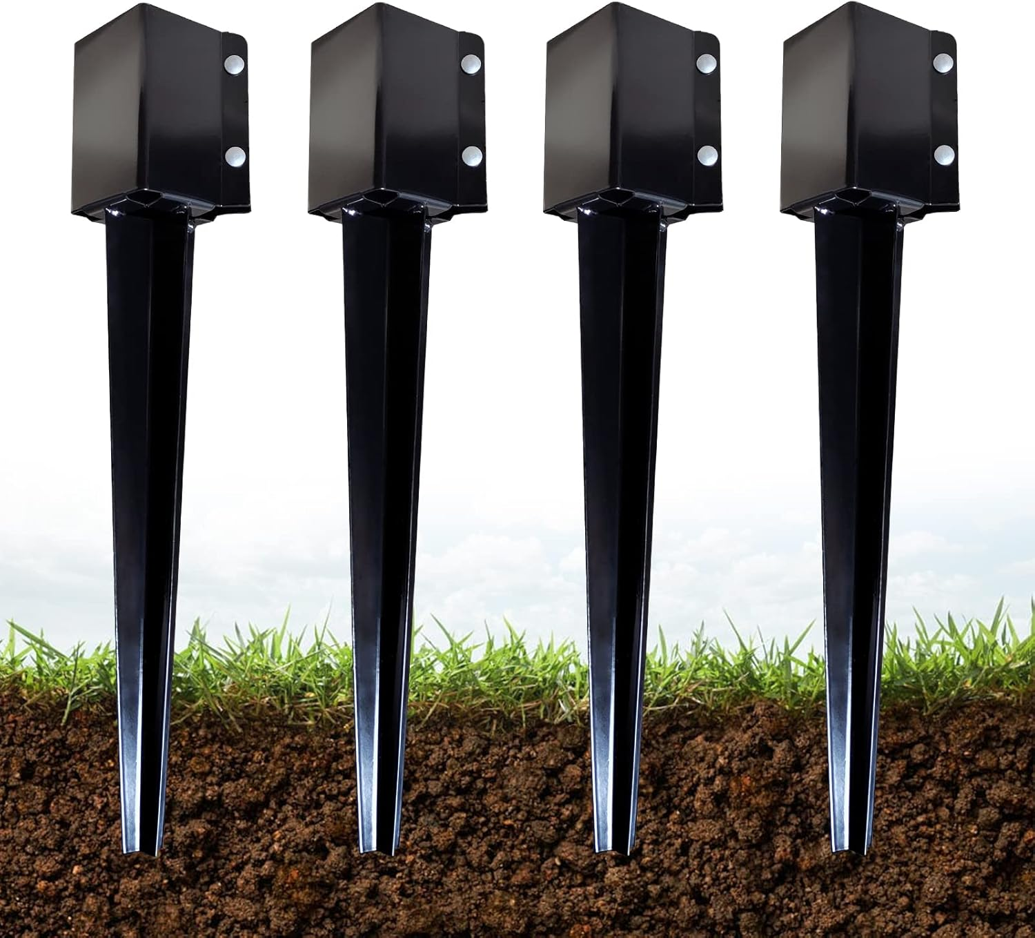 Fence Post Anchor 24 inch Ground Spike Heavy Duty Metal Black Powder Coated Fence Stakes Post, 4x4 inch(3.5 x3.5 inch Inner) Pack of 4