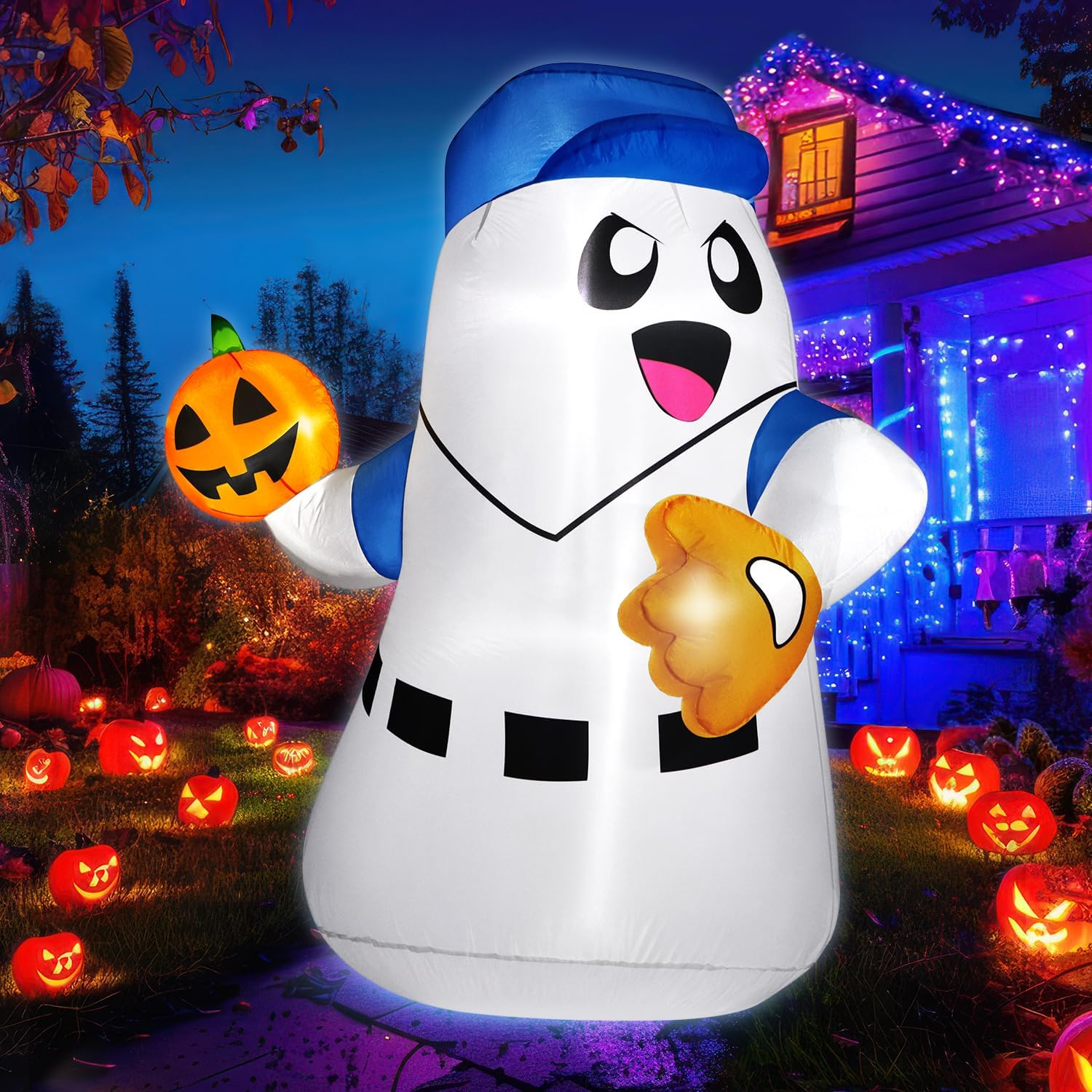 5FT Halloween Inflatables Ghost Pitcher with Pumpkin Baseball, Halloween Decoration Outdoor Blow up Yard Decoration Built-In Bright LED Lights for Indoor & Outdoor Festival Yard Party