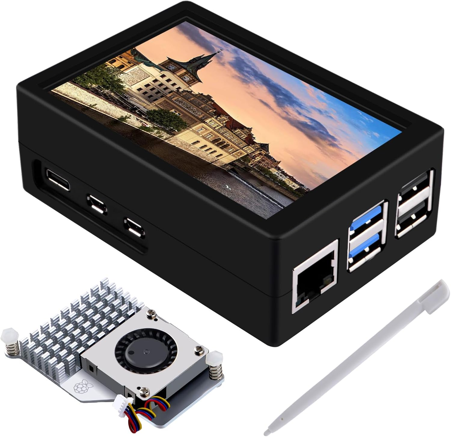 Geeekpi 3.5 Inch HDMI Touch Screen with Case for Raspberry Pi 5, with Official Pi 5 Active Cooler, 320X480 Monitor TFT LCD Display for Raspberry Pi 5