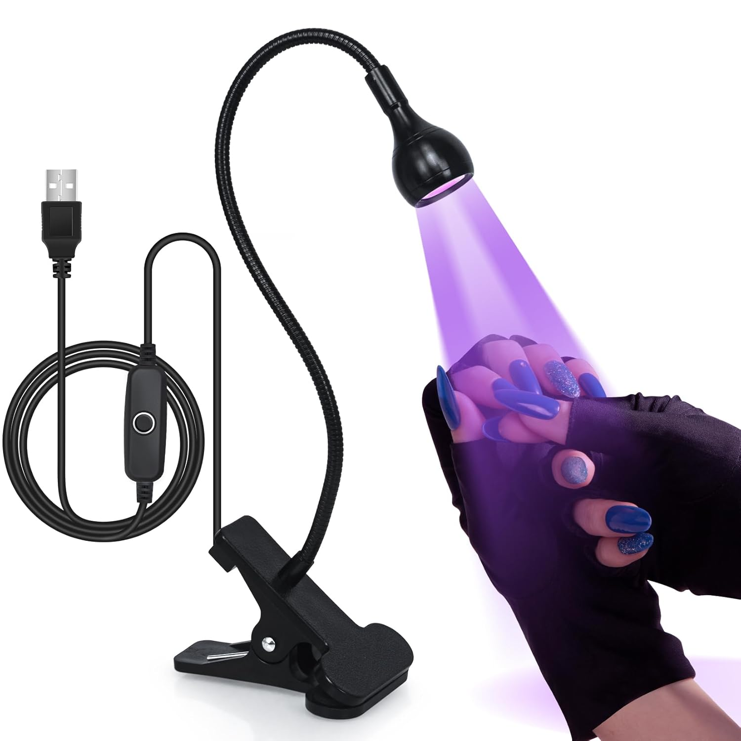 UV LED Nail Lamp with UV Protection Gloves, 3W LED Nail Manicure Dryer Curing Light with Gooseneck and Clamp Portable Flash Cure Lamps for Gel Nails Home DIY Professional, Black