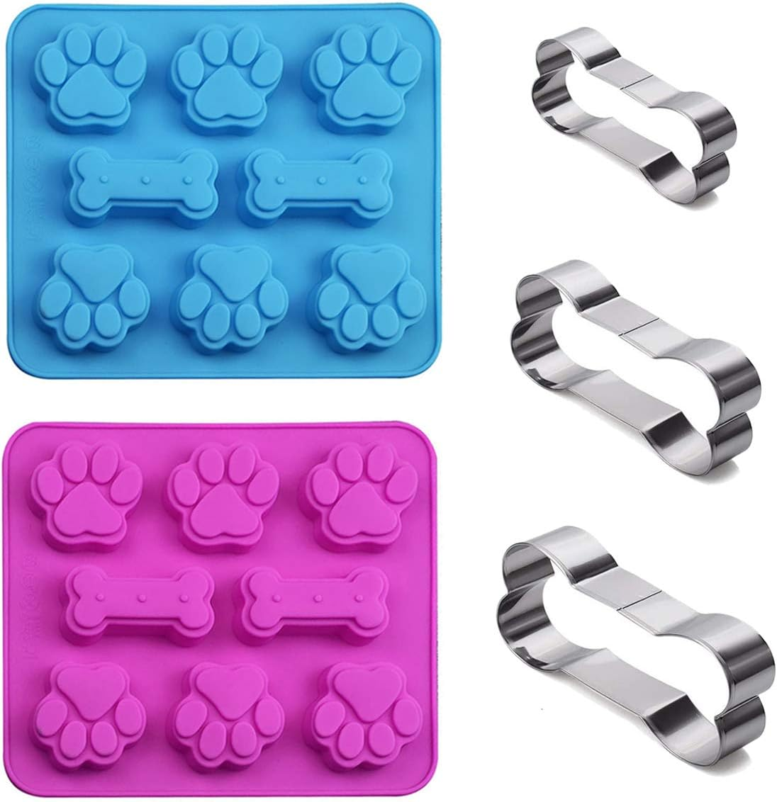 Set of 5, 2 Packs Silicone Molds Puppy Dog Paw & Bone Shaped 2 in 1 and 3 Packs 