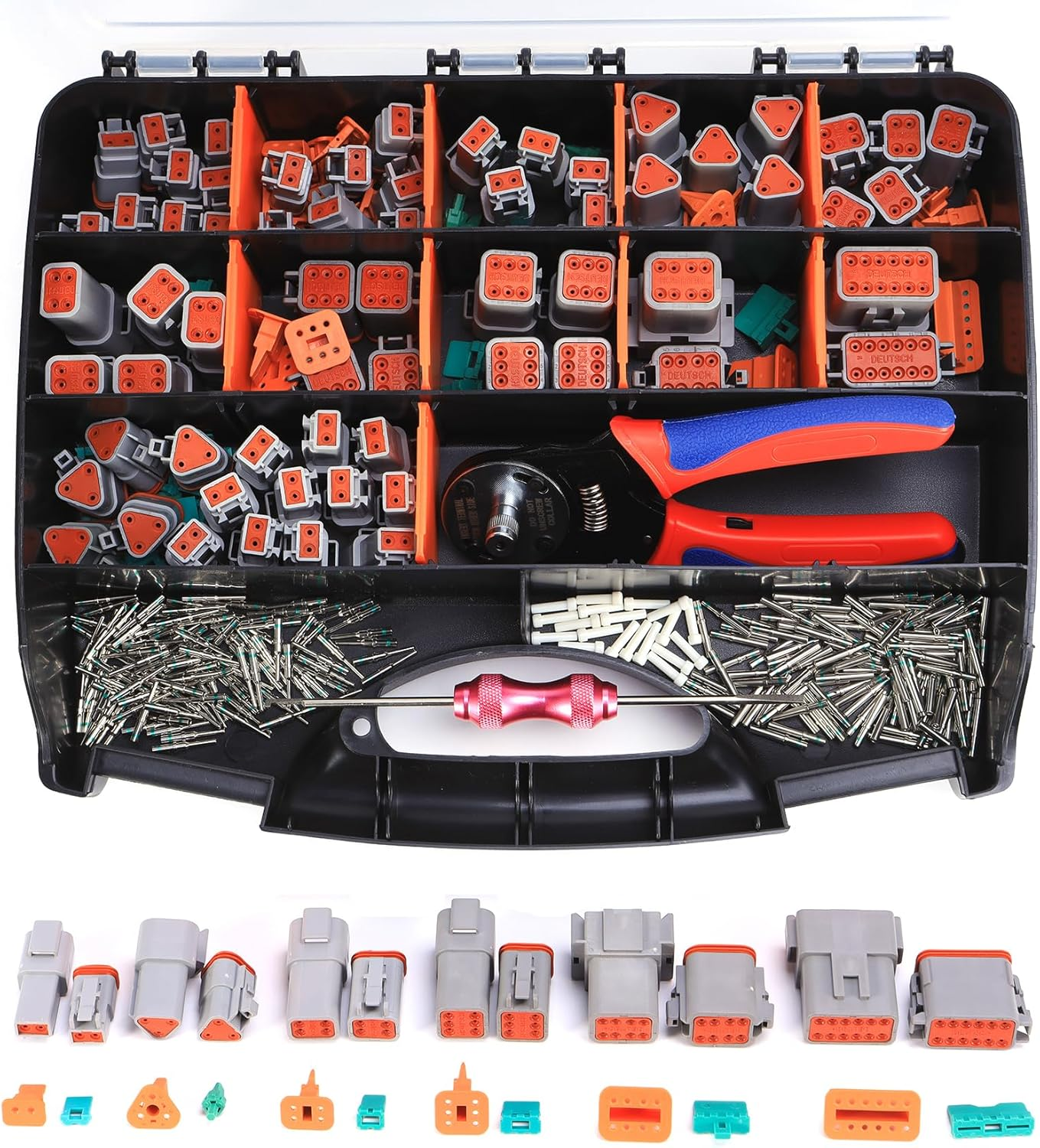 371 PCS DT Deustch Connector Kit, 2 3 4 6 8 12 Pin Waterproof Automotive Electrical Connectors, Including Deutsch Crimping Tool, Removal Tool, 16# Solid Contacts