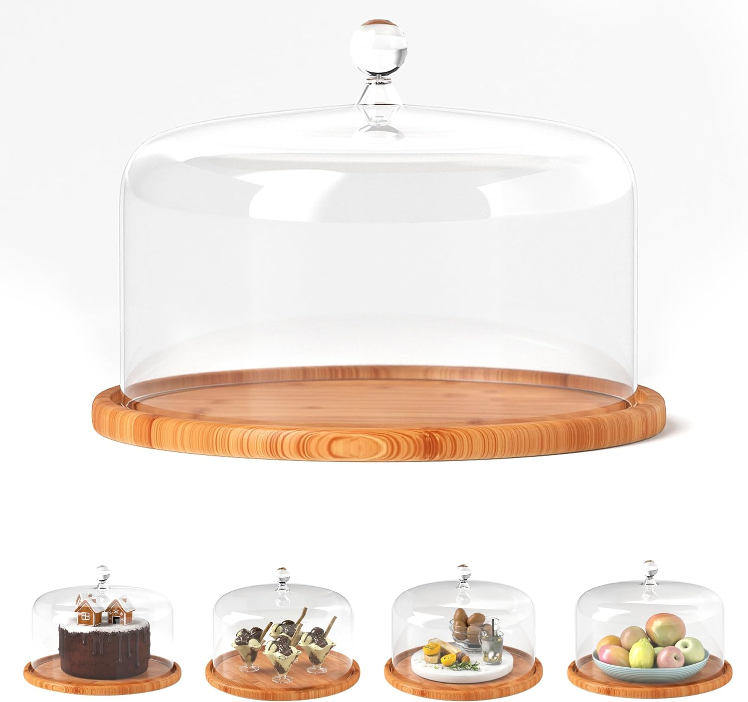 Cake Stand with Dome Lid, Acacia Wood Cake Plate with Cover, Wooden Cake Display Server Tray for Kitchen,Birthday Parties,Weddings,Baking, Gifts