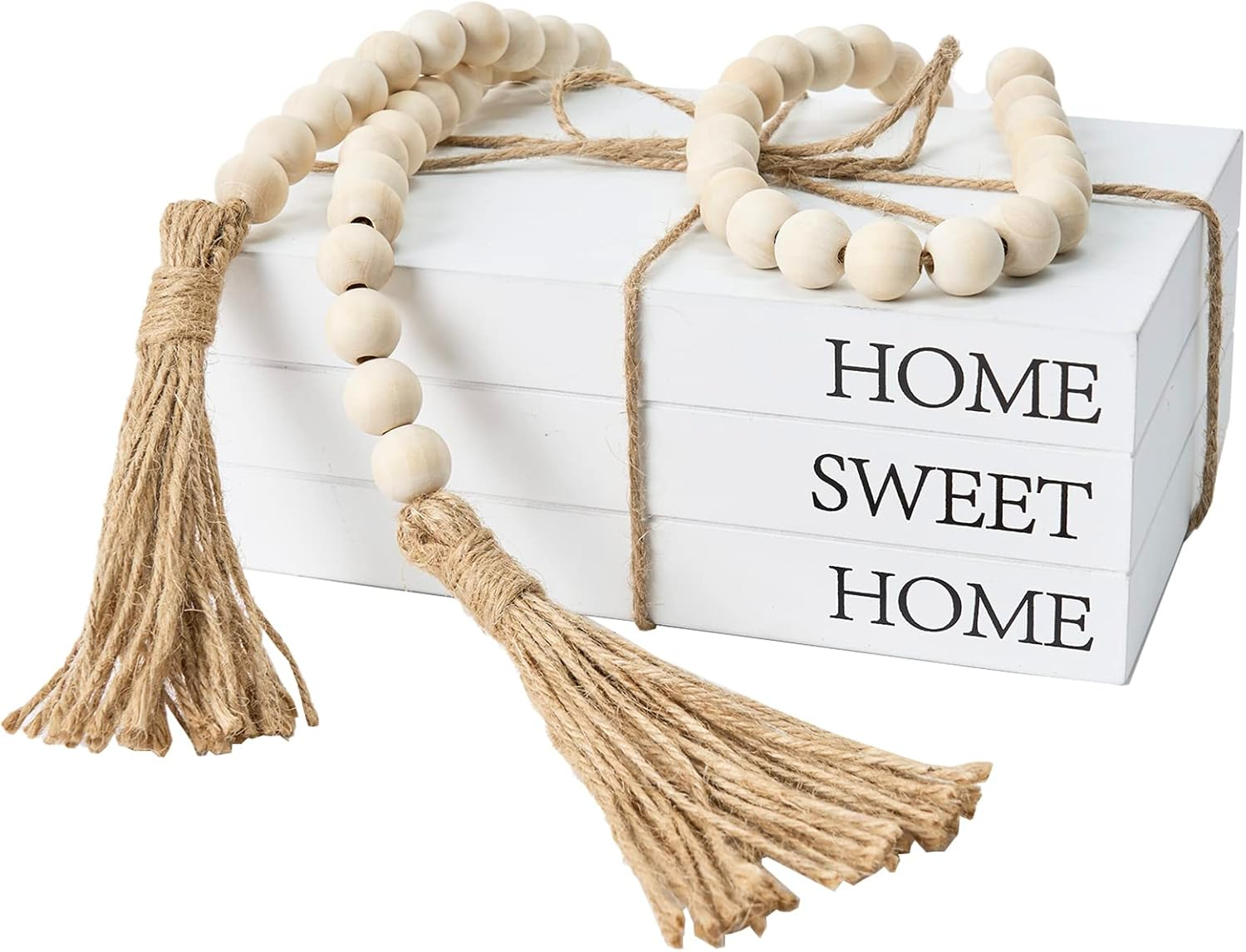 Decorative Books for Home Decor, White Faux Books for Decoration, Rustic Farmhouse Stacked Display Books with 52In Wood Bead Garland for Coffee Tables Living Room, (HOME SWEET HOME)