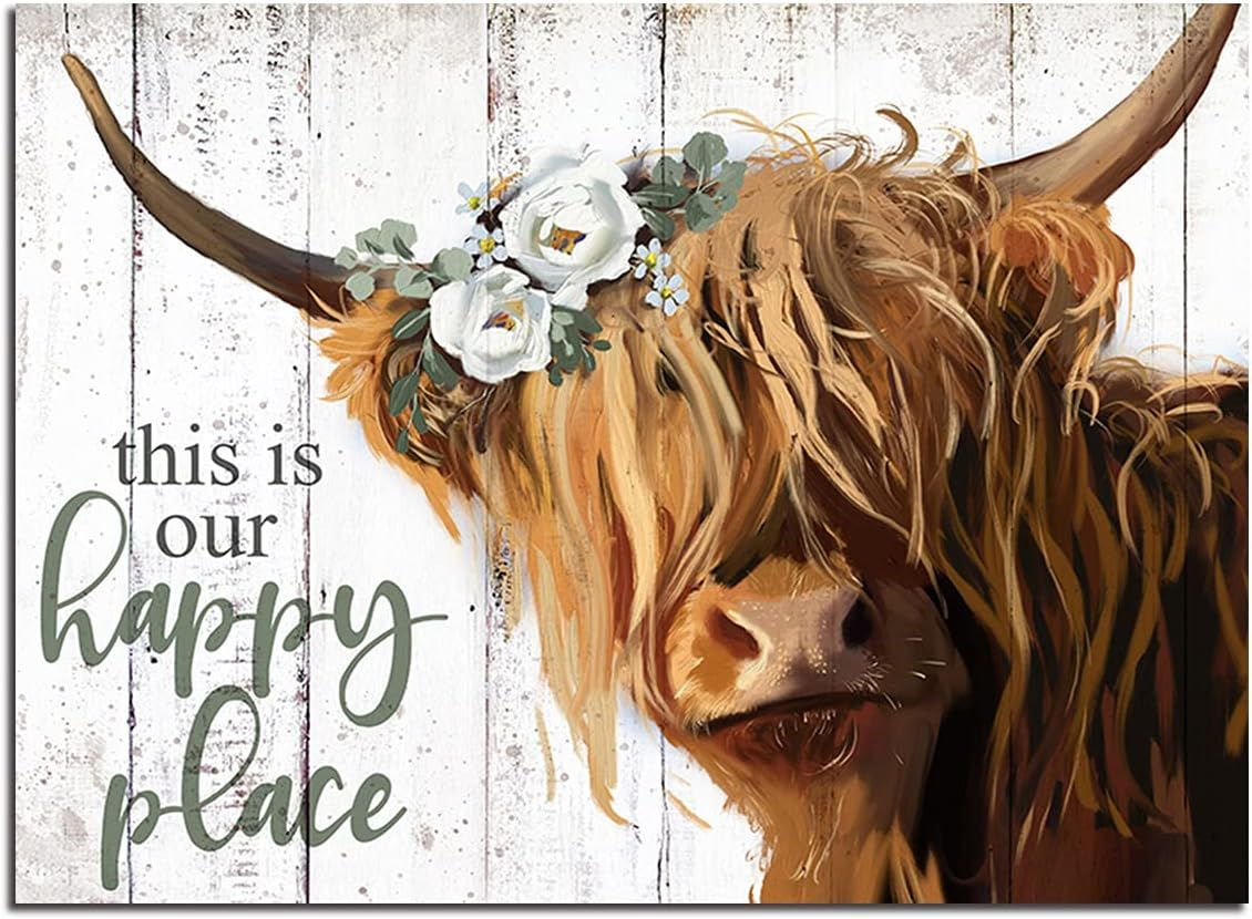 Highland Cow Wall Art - This Is Our Happy Place Inspirational Canvas Poster for Home - Long Haired Scottish Cow with White Flower Picture Farmhouse Kitchen Decor Framed (24
