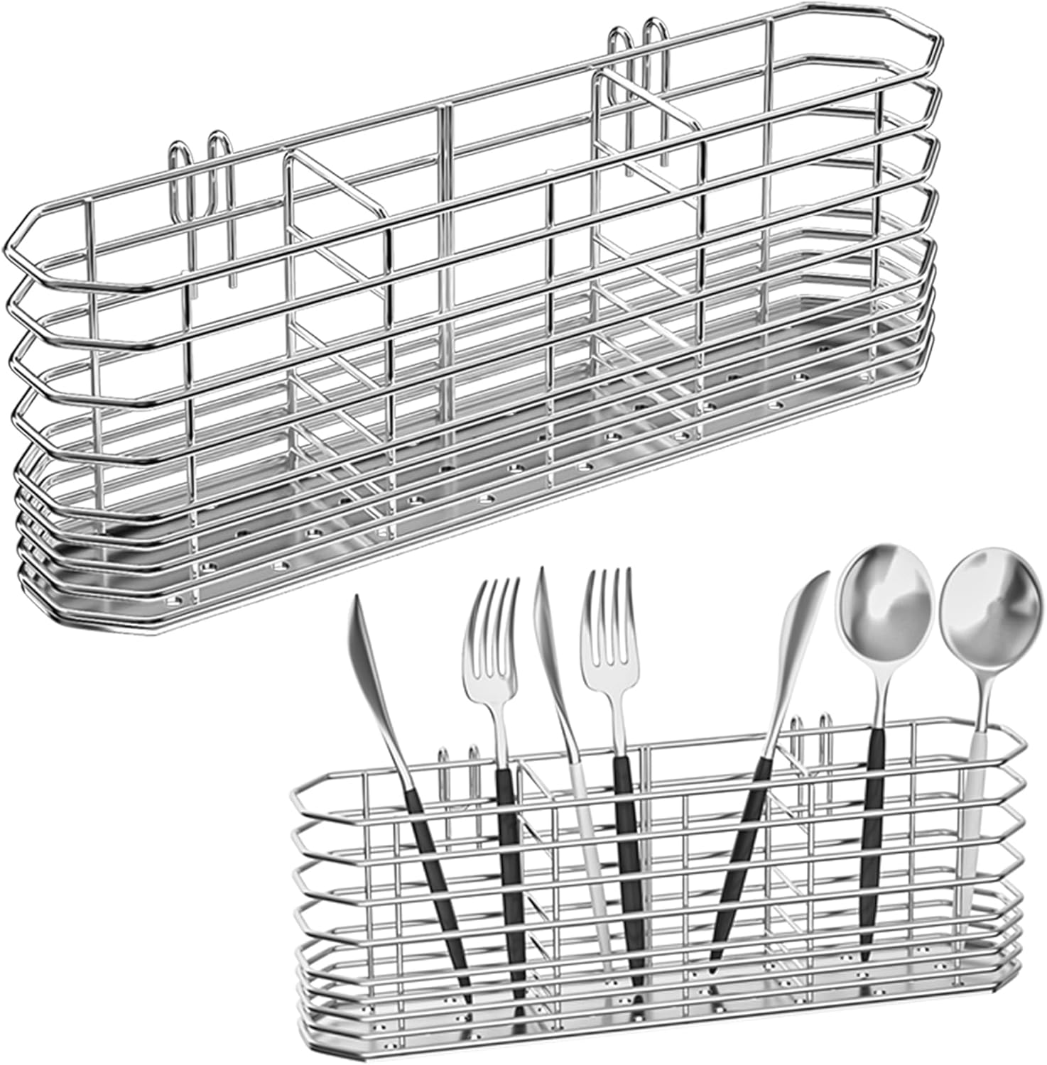 304 Stainless Steel Utensil Holder, Dish Drying Rack, Kitchen Utensil Organizer, Knife and Fork Drainage Rack, Kitchen Drainage Basket Accessories, with Hooks, Rust Proof, Color-Silver
