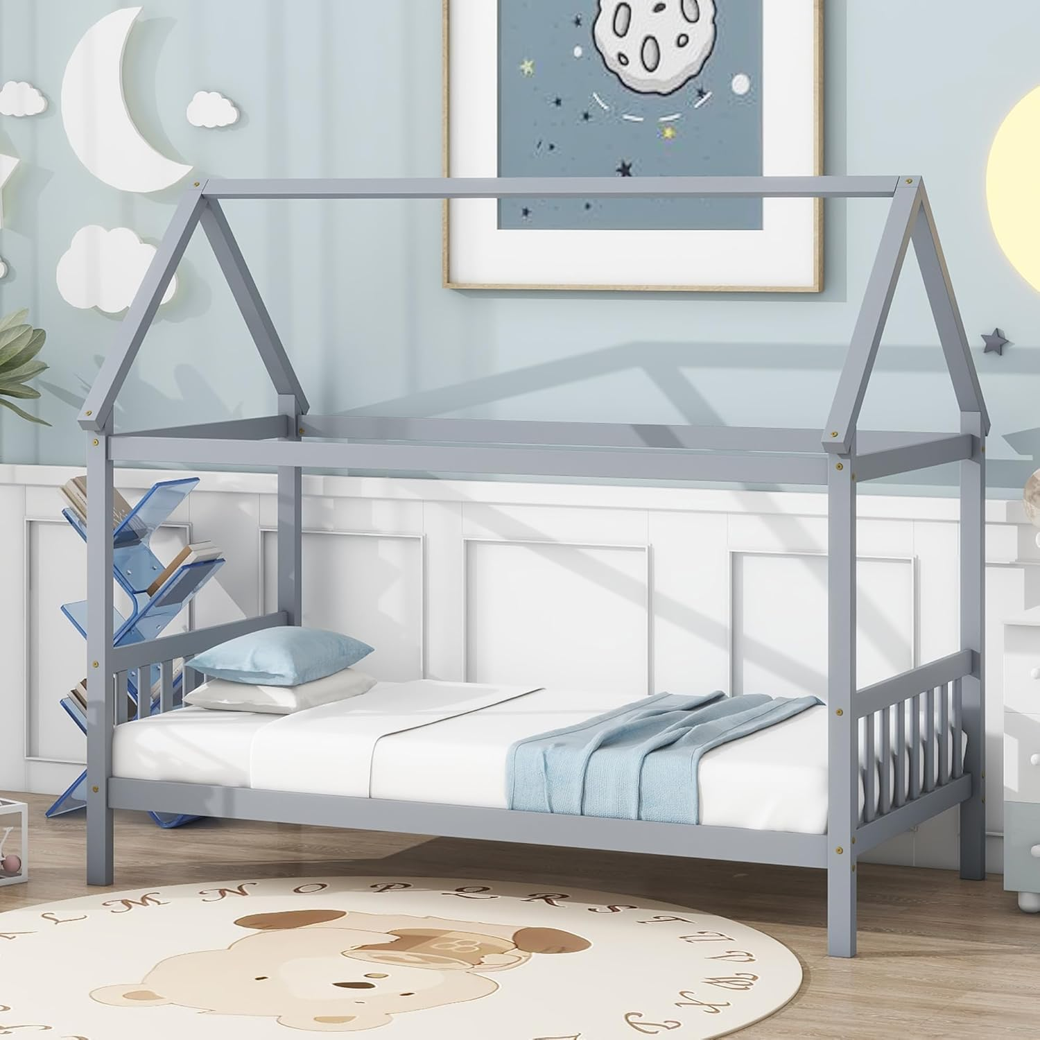 Montessori Twin Size House Bed Frame for Kids, Grey Wooden Floor Bed