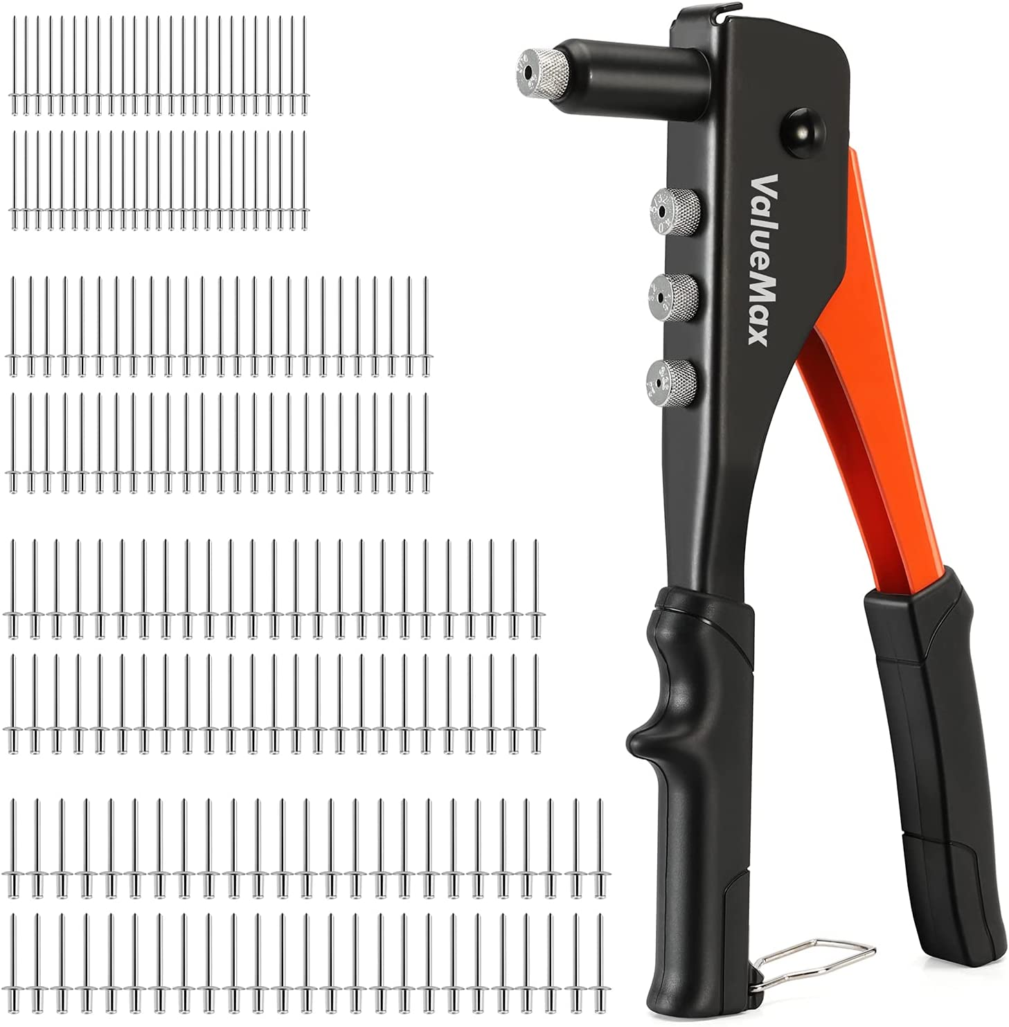 4-in-1 Hand Riveter/Rivet Gun, Pop Rivet Tool Kit with 200 Rivets - 3/32-inch, 1/8-inch, 5/32-inch, 3/16-inch, 4 Interchangeable Nosepieces, Suitable for Metal