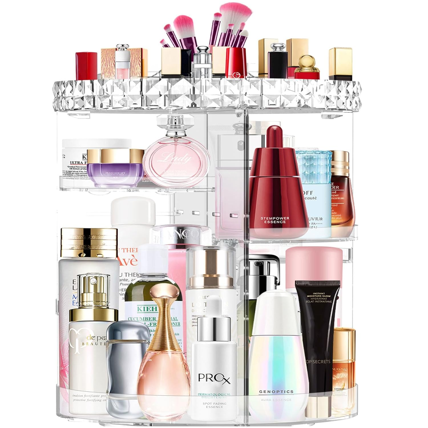 360 Rotating Makeup Organizer, DIY Adjustable Makeup Carousel Spinning Holder Rack, Large Capacity Cosmetic Brush Lipstick Storage Organizer Box for Vanity