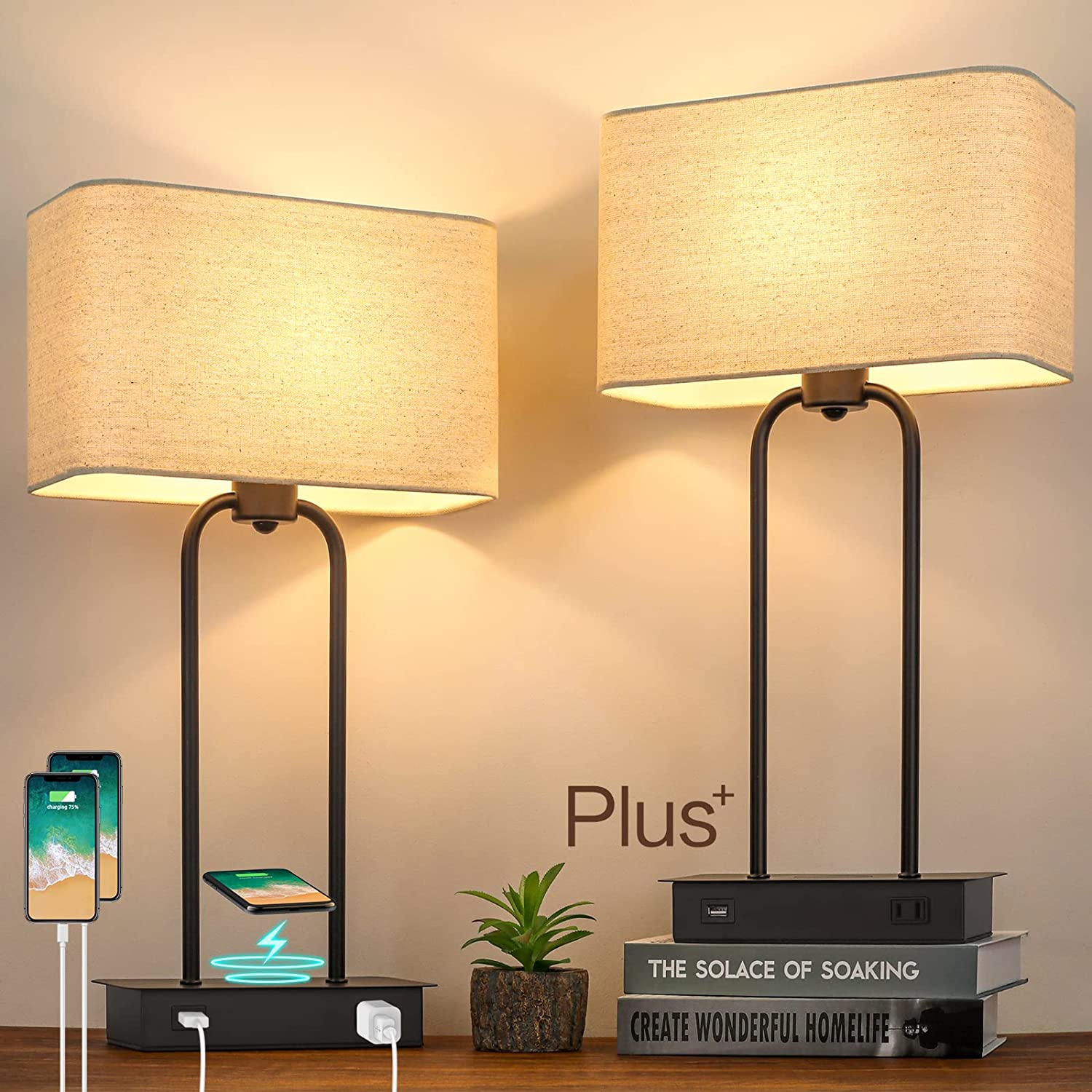 3 Way Dimmable Table Lamps Wireless Charging Touch Control Beside Nights 2Pc Set