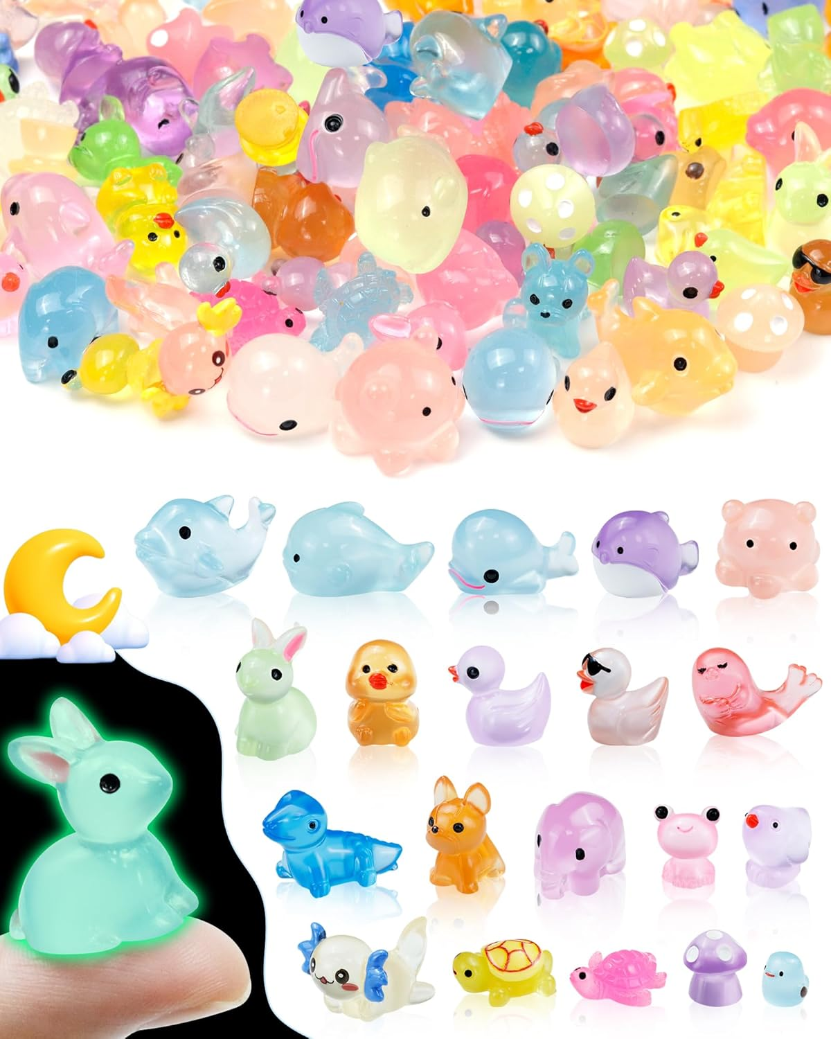 100PCS Luminous Mini Resin Animals Bulk - 20 Styles Glow in the Dark Plastic Tin