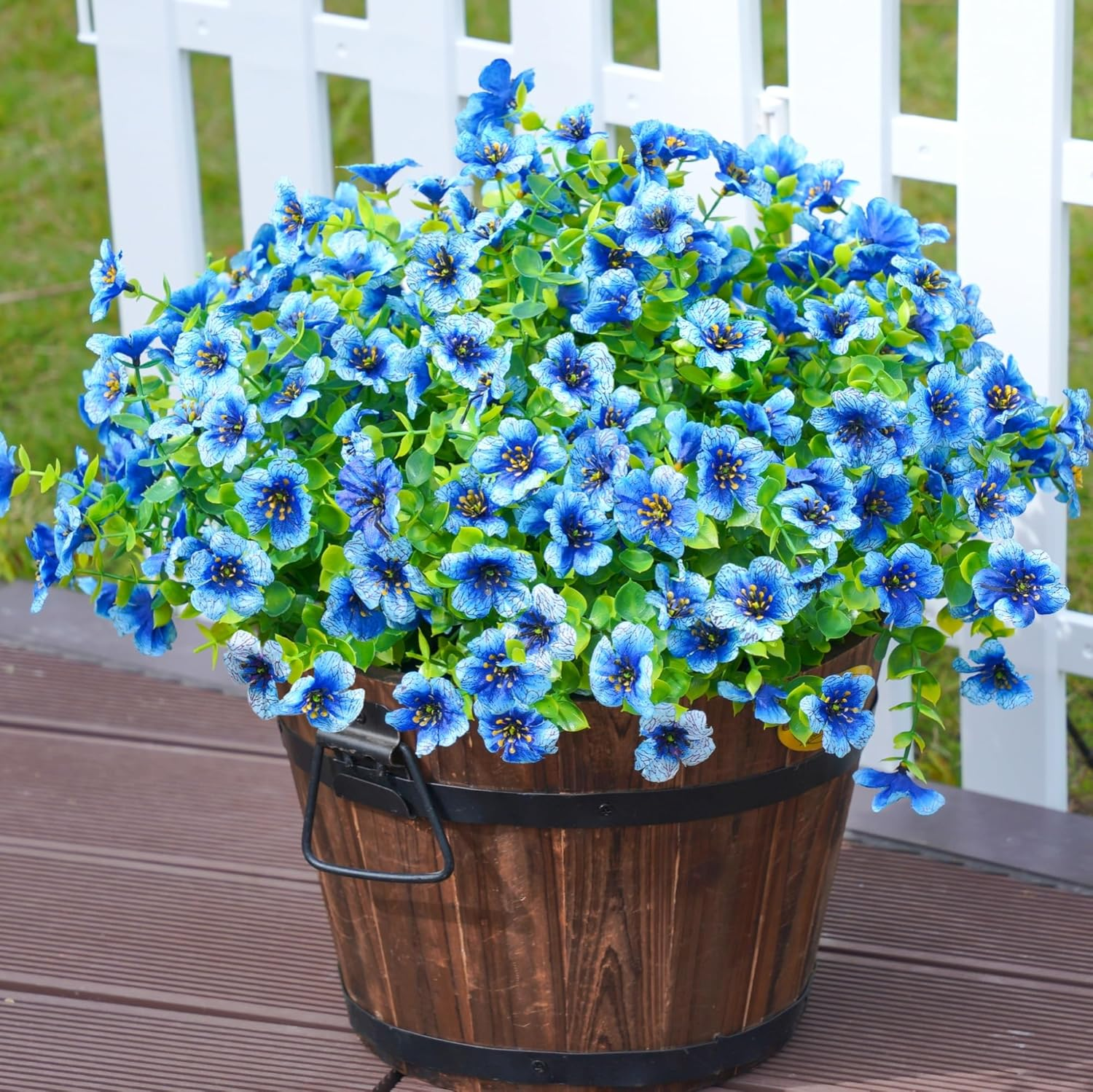 Artificial Faux Outdoor Plants Flowers, 12 Bundles Fake Blue Silk Daisy with Eucalyptus for Planter Pot UV Resistant Realistic for outside Porch Home Patio Garden Decoration