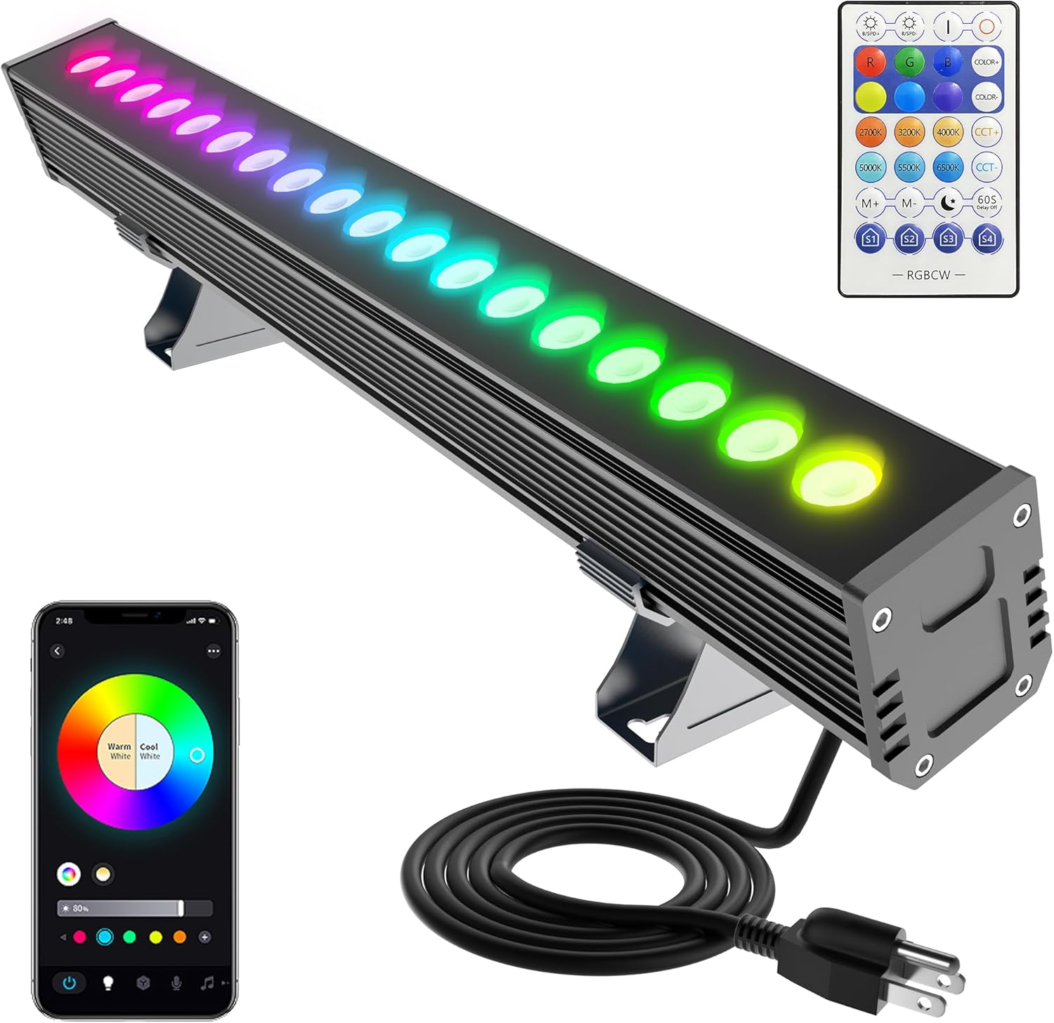 Smart Outdoor RGBCW Stage LED Light Bar 20″, Color Changing Wall Washer with App & Remote Control, 2700K–6500K Tunable White Floodlight, IP65 RGB Stage/Porch Lights for House, Music Sync,